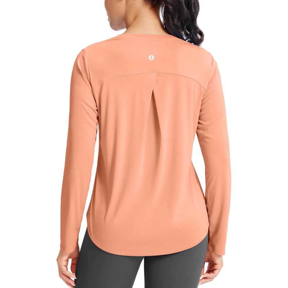 imageSANTINY Lightweight Long Sleeve Workout Tops for Women Breathable Active Tennis Sports Top Gym Yoga Athletic Running ShirtsOrange