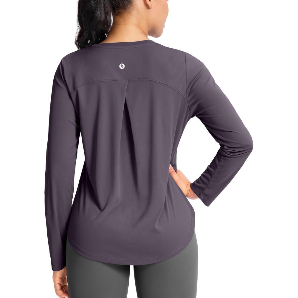 imageSANTINY Lightweight Long Sleeve Workout Tops for Women Breathable Active Tennis Sports Top Gym Yoga Athletic Running ShirtsPurple Grey