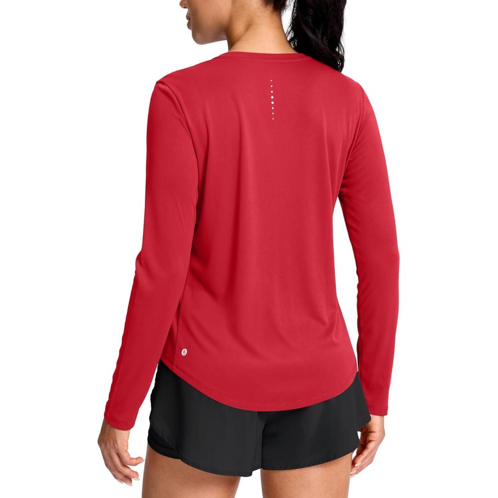 imageSANTINY Lightweight Long Sleeve Workout Tops for Women Breathable Tennis Active Sports Top Gym Yoga Athletic Running ShirtsRed