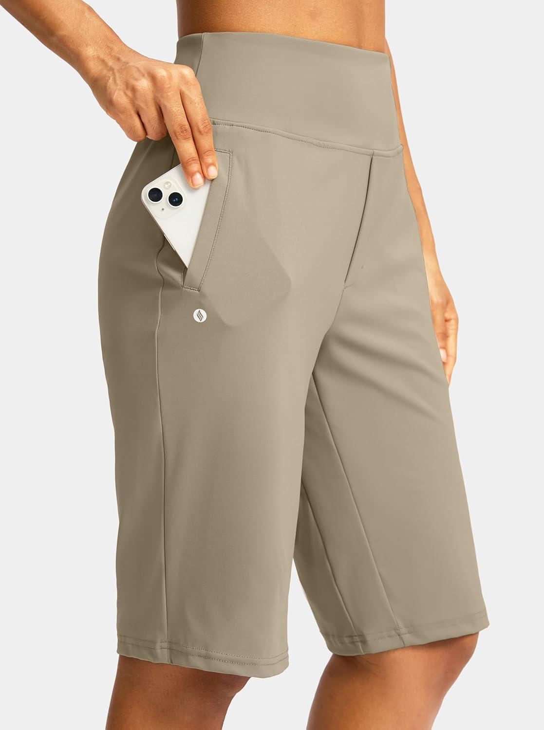 imageSANTINY 12quot Long Bermuda Shorts for Women Knee Length with Pockets High Waisted Stretch Shorts for Summer WalkingDark Khaki