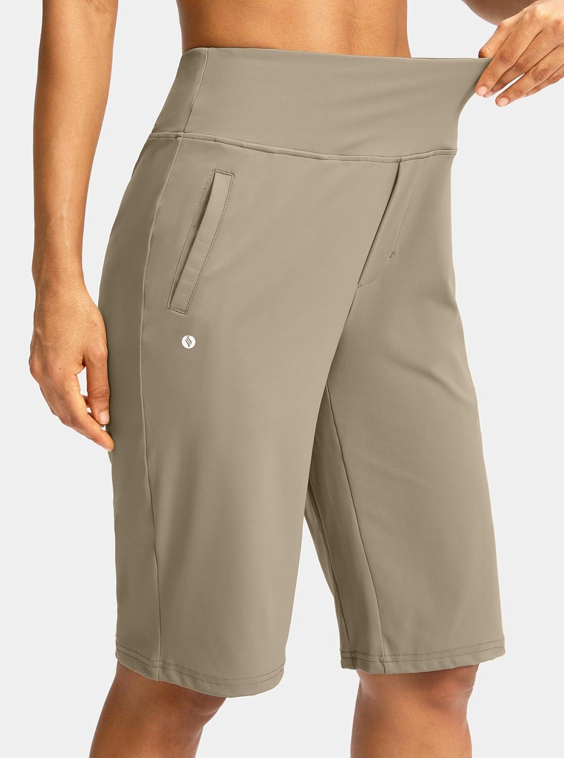 imageSANTINY 12quot Long Bermuda Shorts for Women Knee Length with Pockets High Waisted Stretch Shorts for Summer WalkingDark Khaki