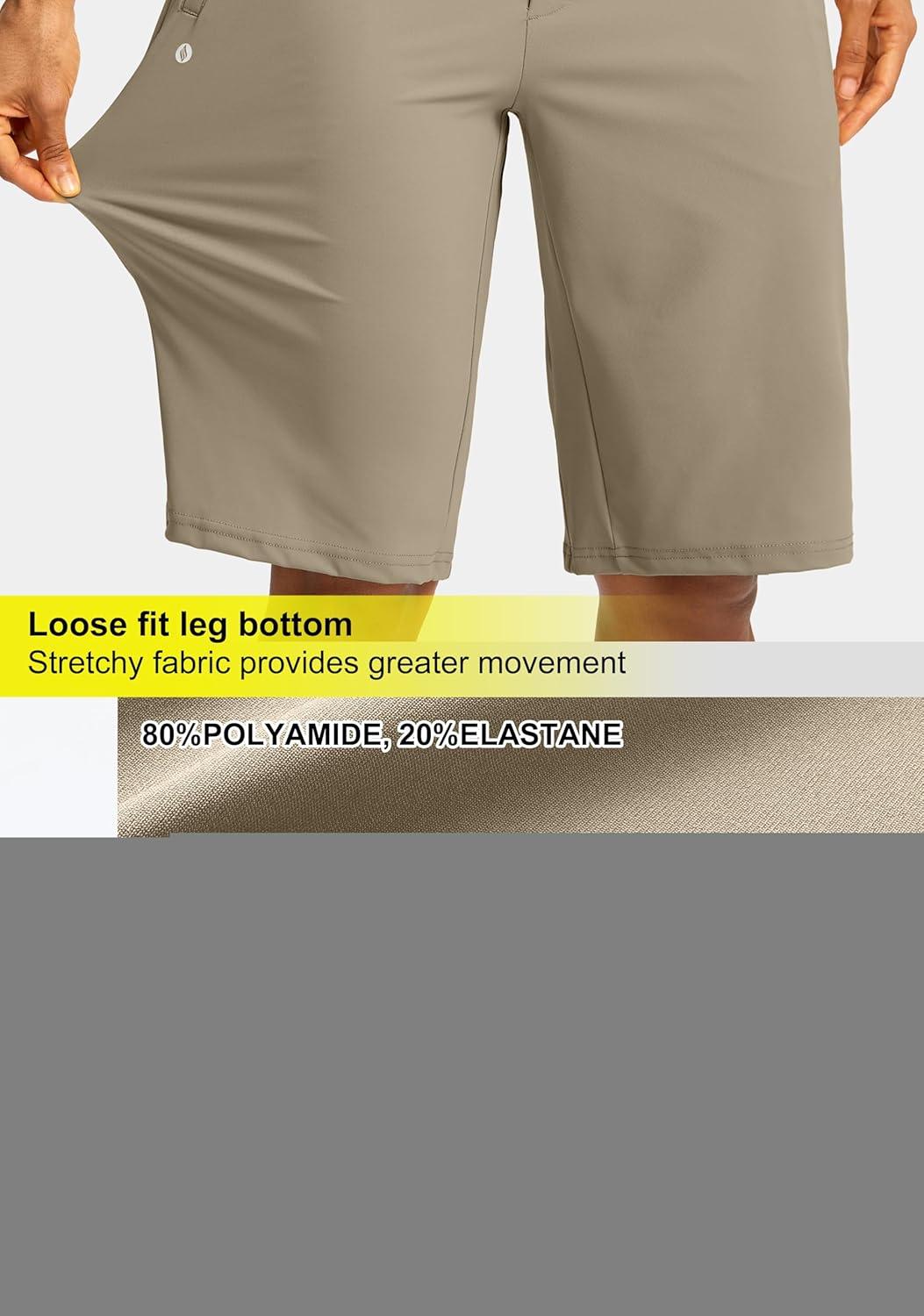 imageSANTINY 12quot Long Bermuda Shorts for Women Knee Length with Pockets High Waisted Stretch Shorts for Summer WalkingDark Khaki