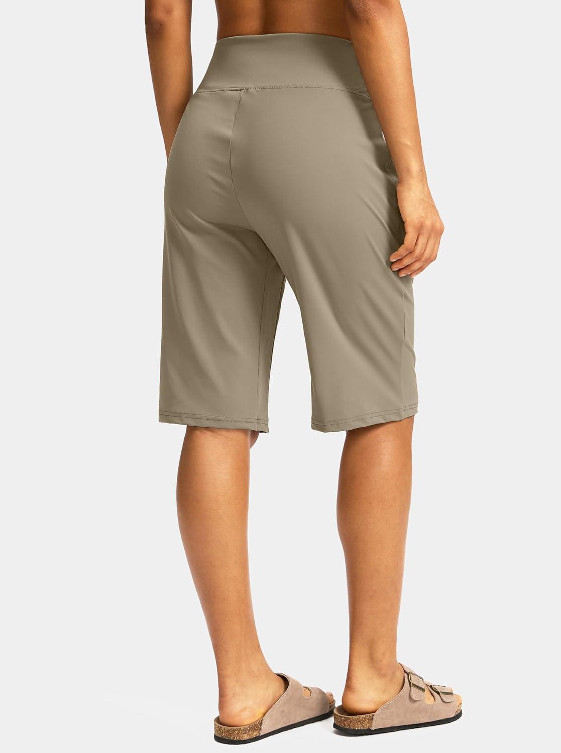 imageSANTINY 12quot Long Bermuda Shorts for Women Knee Length with Pockets High Waisted Stretch Shorts for Summer WalkingDark Khaki