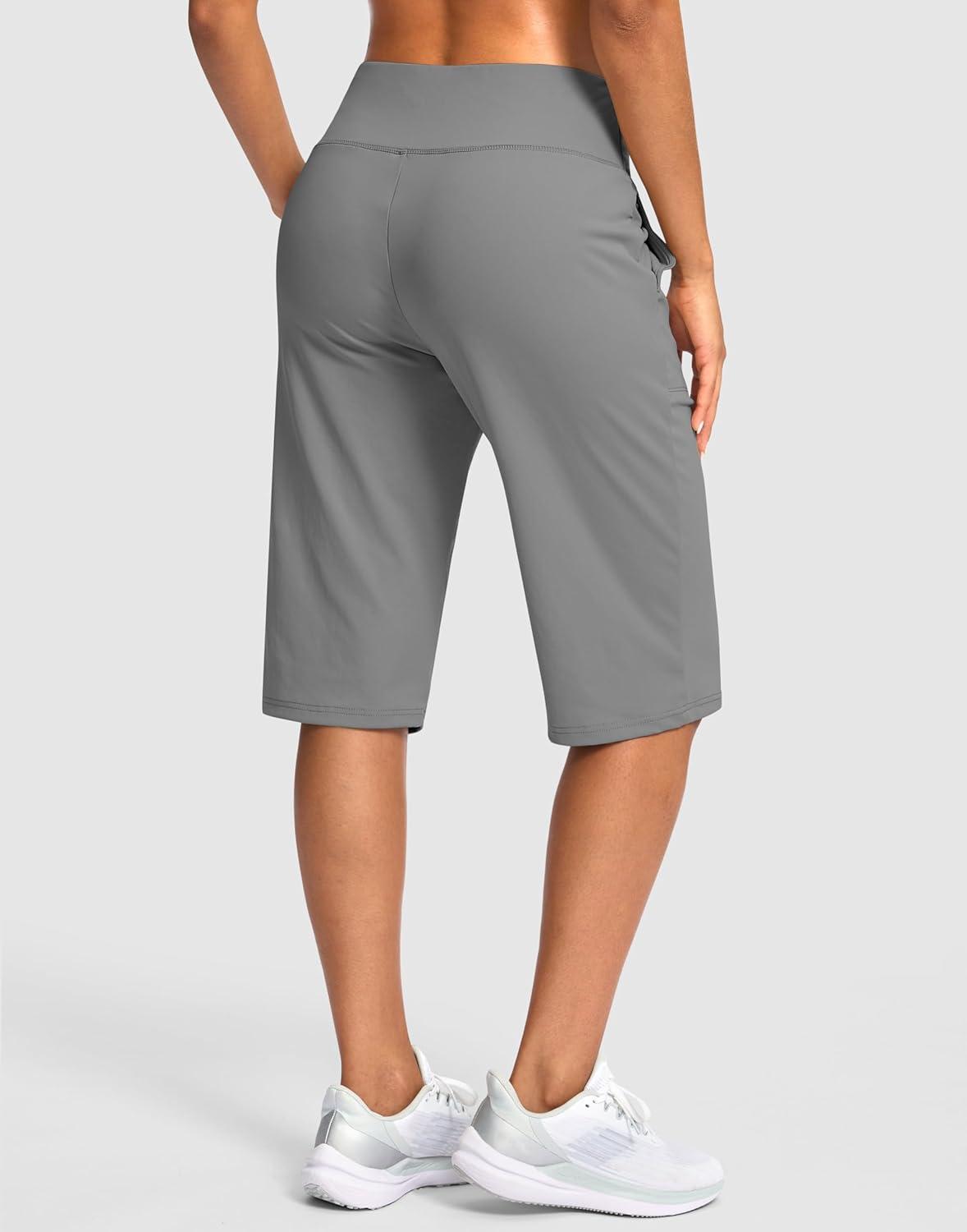 imageSANTINY 14quot Shorts for Women Knee Length with Pockets High Waisted Stretch Long Bermuda Shorts for Summer Dressy CasualLight Grey