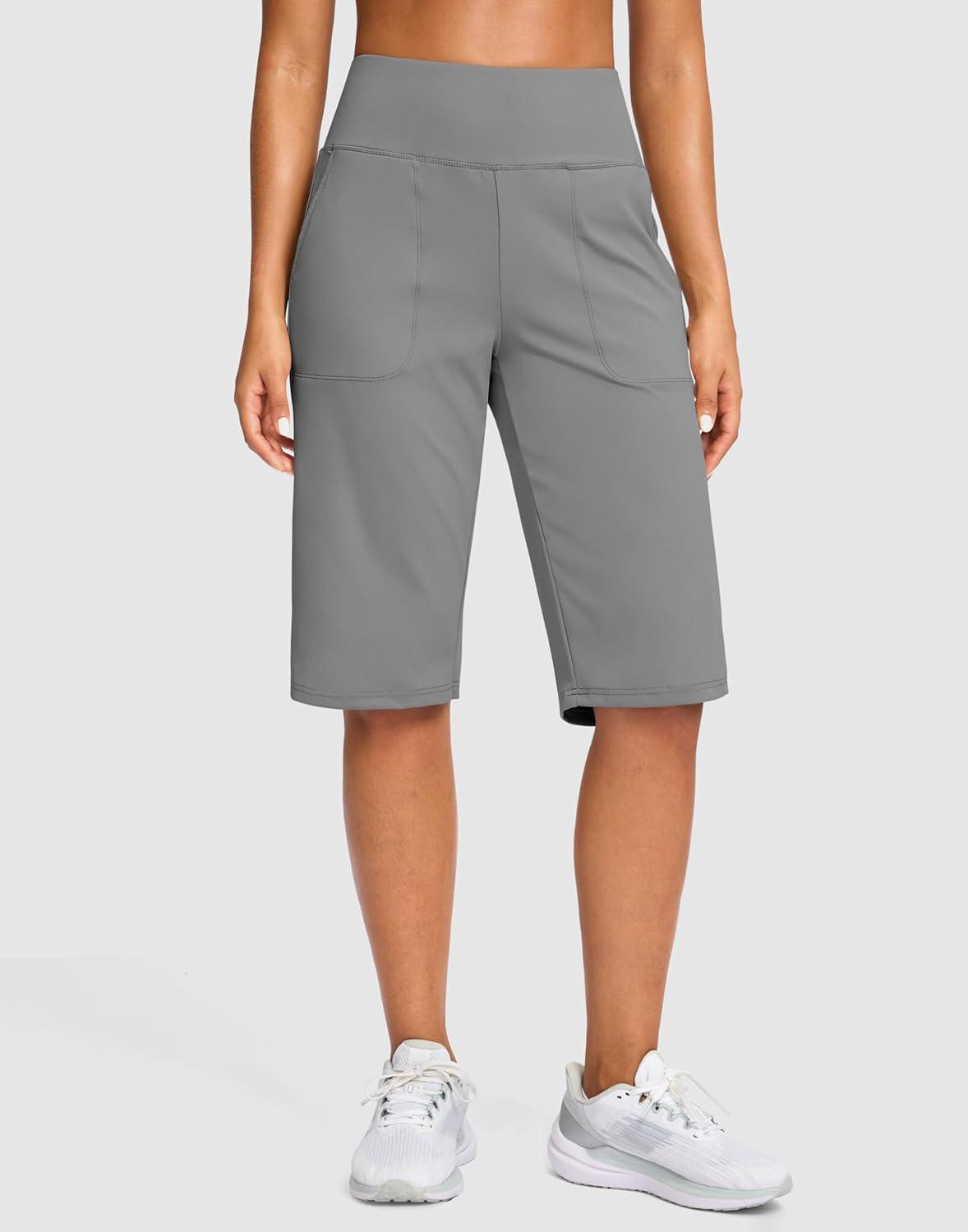 imageSANTINY 14quot Shorts for Women Knee Length with Pockets High Waisted Stretch Long Bermuda Shorts for Summer Dressy CasualLight Grey