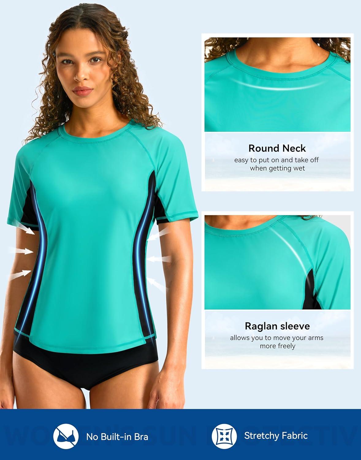 imageSANTINY Rash Guard for Women UPF 50 Bathing Suit Sun Protection Short Sleeve Swimsuit Top Quick Dry Swim Shirts for WomenAqua Black Navy