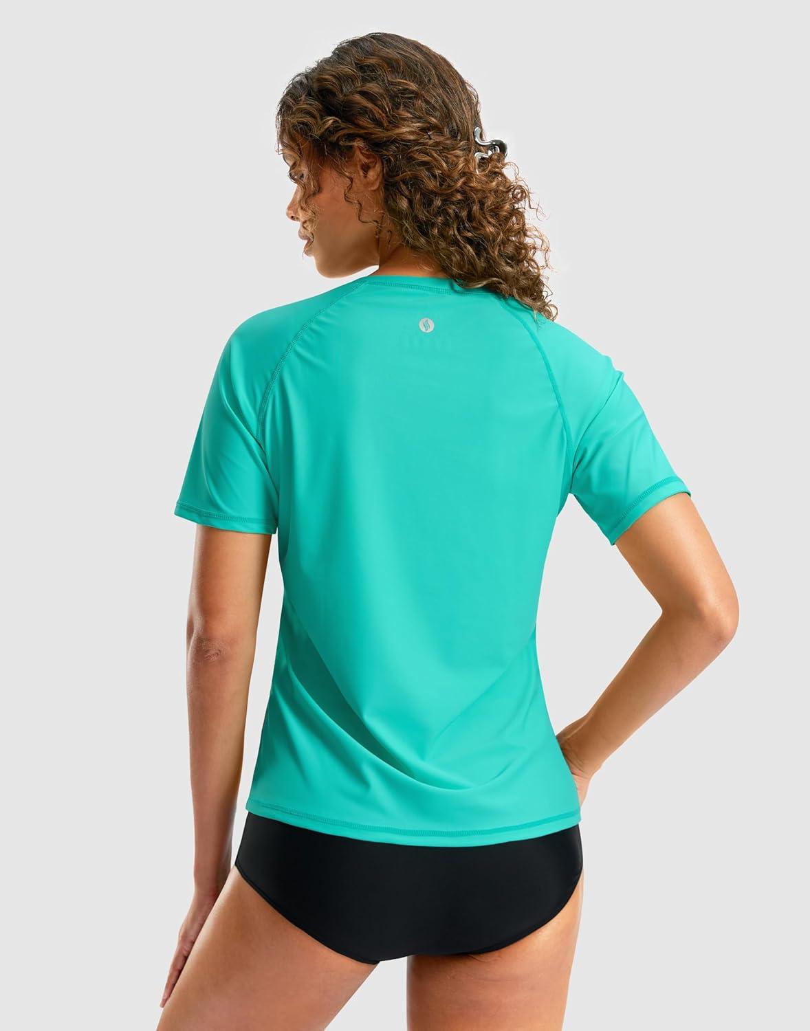 imageSANTINY Rash Guard for Women UPF 50 Bathing Suit Sun Protection Short Sleeve Swimsuit Top Quick Dry Swim Shirts for WomenAqua Black Navy