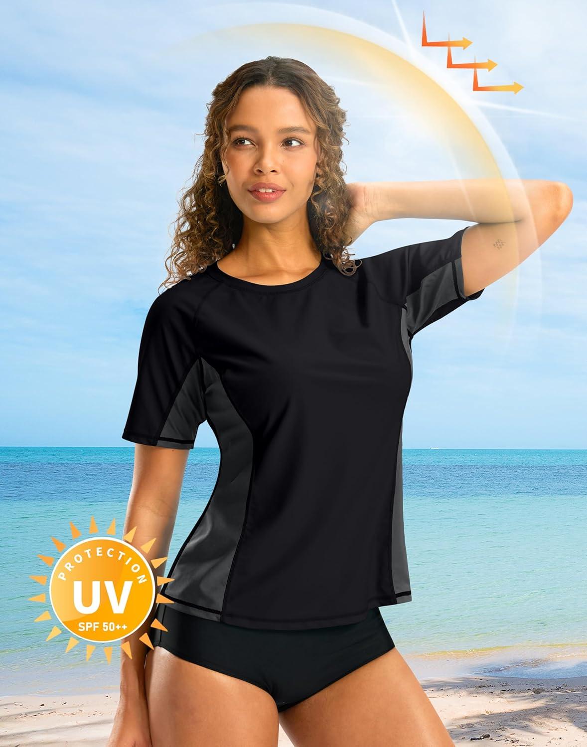 imageSANTINY Rash Guard for Women UPF 50 Bathing Suit Sun Protection Short Sleeve Swimsuit Top Quick Dry Swim Shirts for WomenBlack Dark Grey