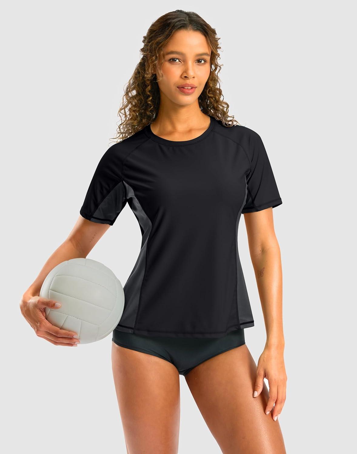 imageSANTINY Rash Guard for Women UPF 50 Bathing Suit Sun Protection Short Sleeve Swimsuit Top Quick Dry Swim Shirts for WomenBlack Dark Grey