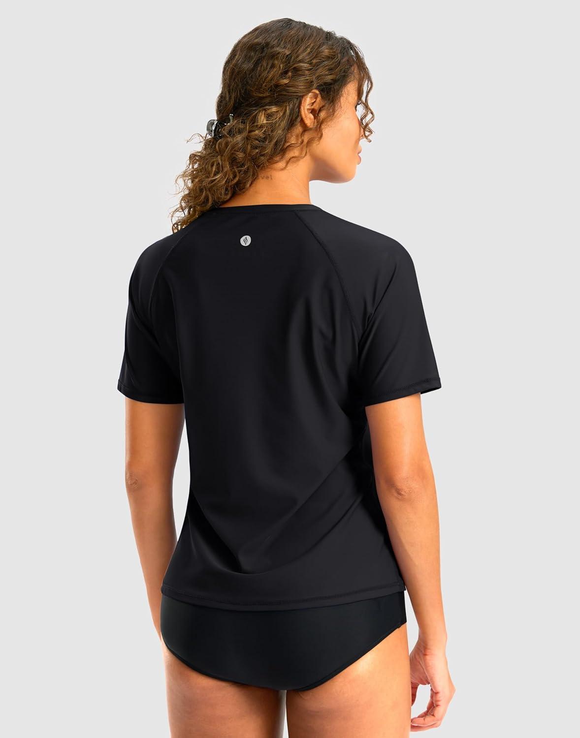 imageSANTINY Rash Guard for Women UPF 50 Bathing Suit Sun Protection Short Sleeve Swimsuit Top Quick Dry Swim Shirts for WomenBlack