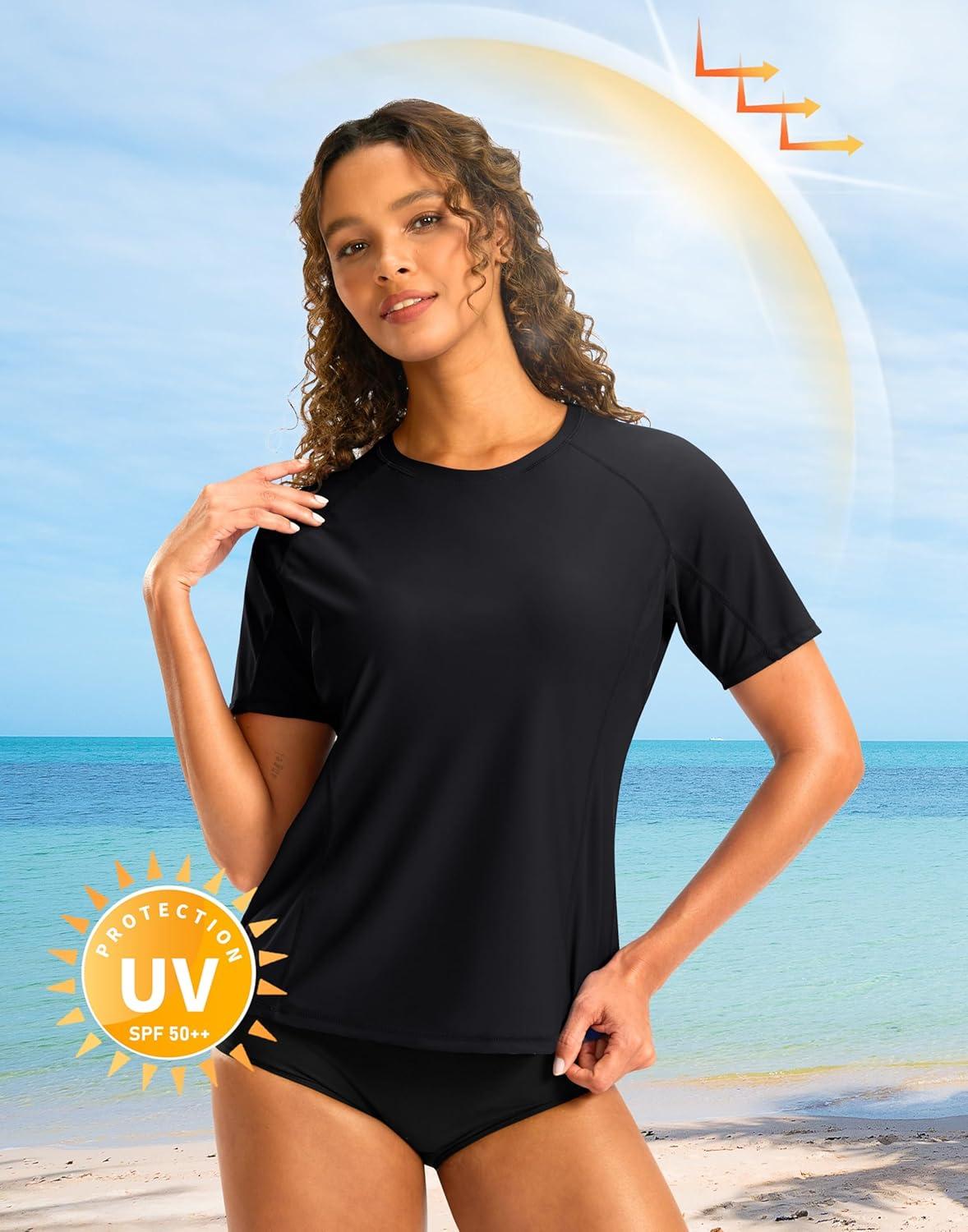 imageSANTINY Rash Guard for Women UPF 50 Bathing Suit Sun Protection Short Sleeve Swimsuit Top Quick Dry Swim Shirts for WomenBlack