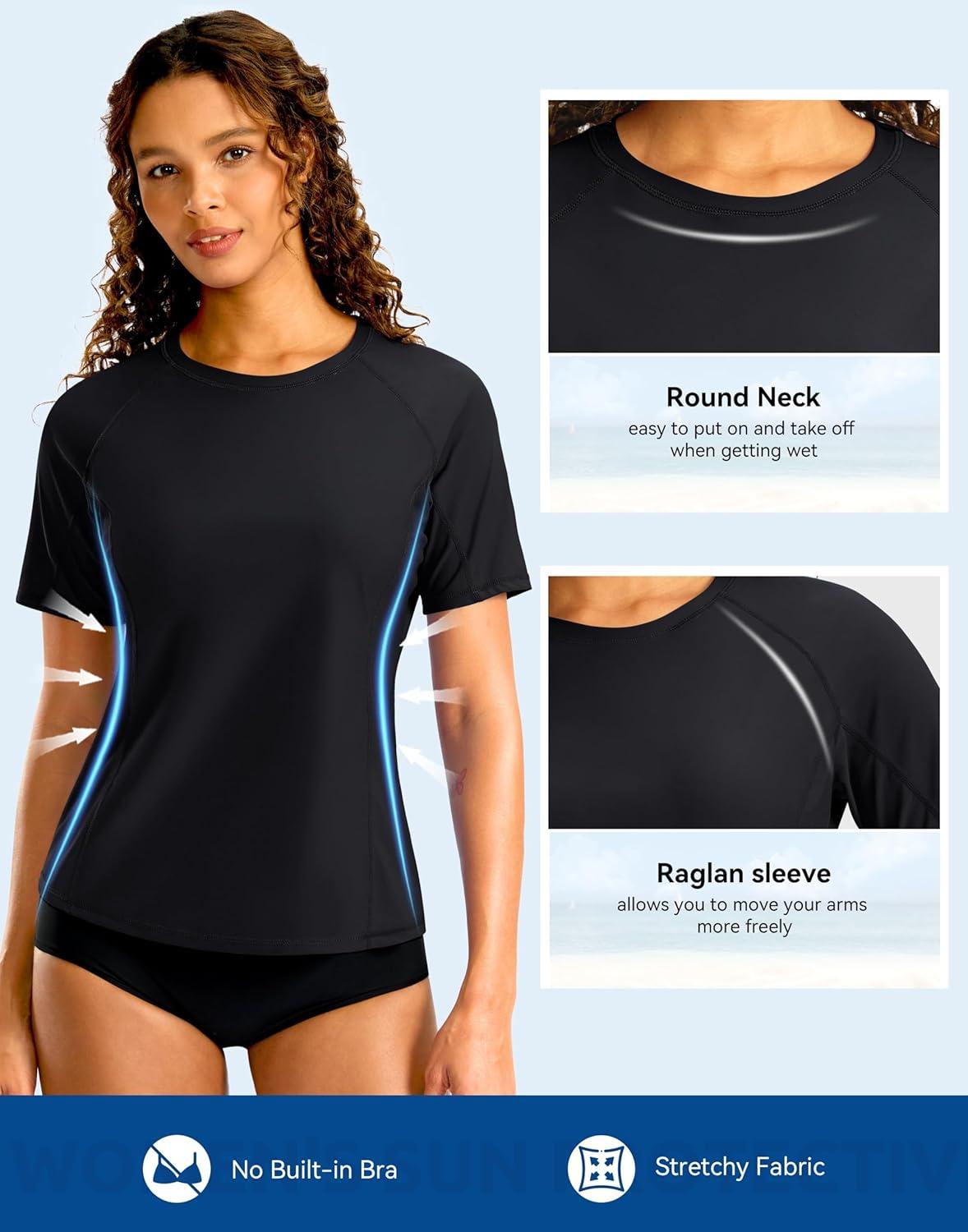 imageSANTINY Rash Guard for Women UPF 50 Bathing Suit Sun Protection Short Sleeve Swimsuit Top Quick Dry Swim Shirts for WomenBlack