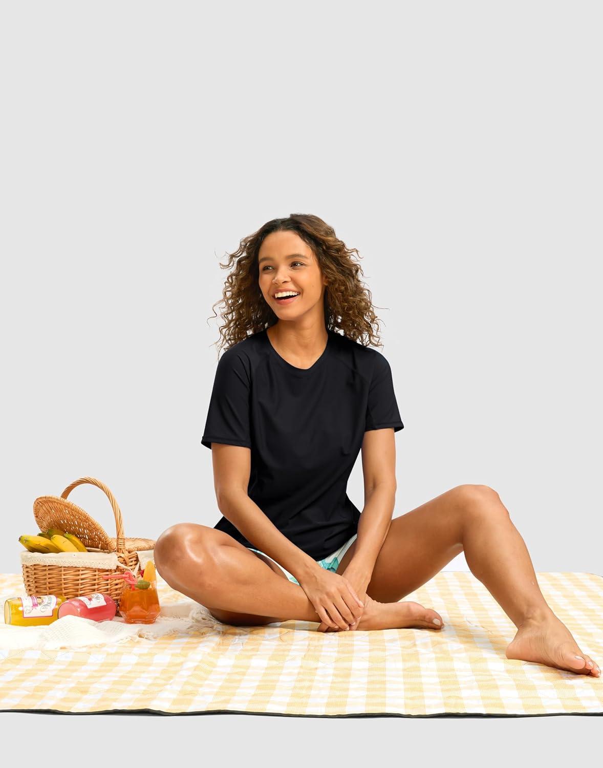 imageSANTINY Rash Guard for Women UPF 50 Bathing Suit Sun Protection Short Sleeve Swimsuit Top Quick Dry Swim Shirts for WomenBlack