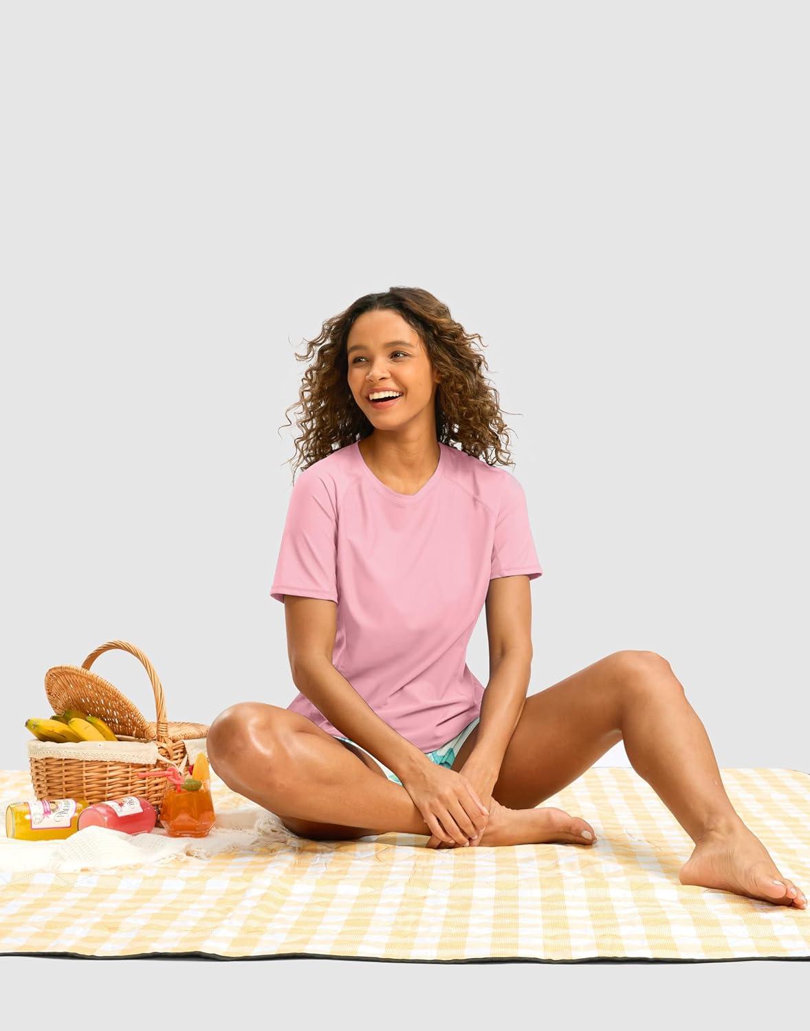 imageSANTINY Rash Guard for Women UPF 50 Bathing Suit Sun Protection Short Sleeve Swimsuit Top Quick Dry Swim Shirts for WomenPink