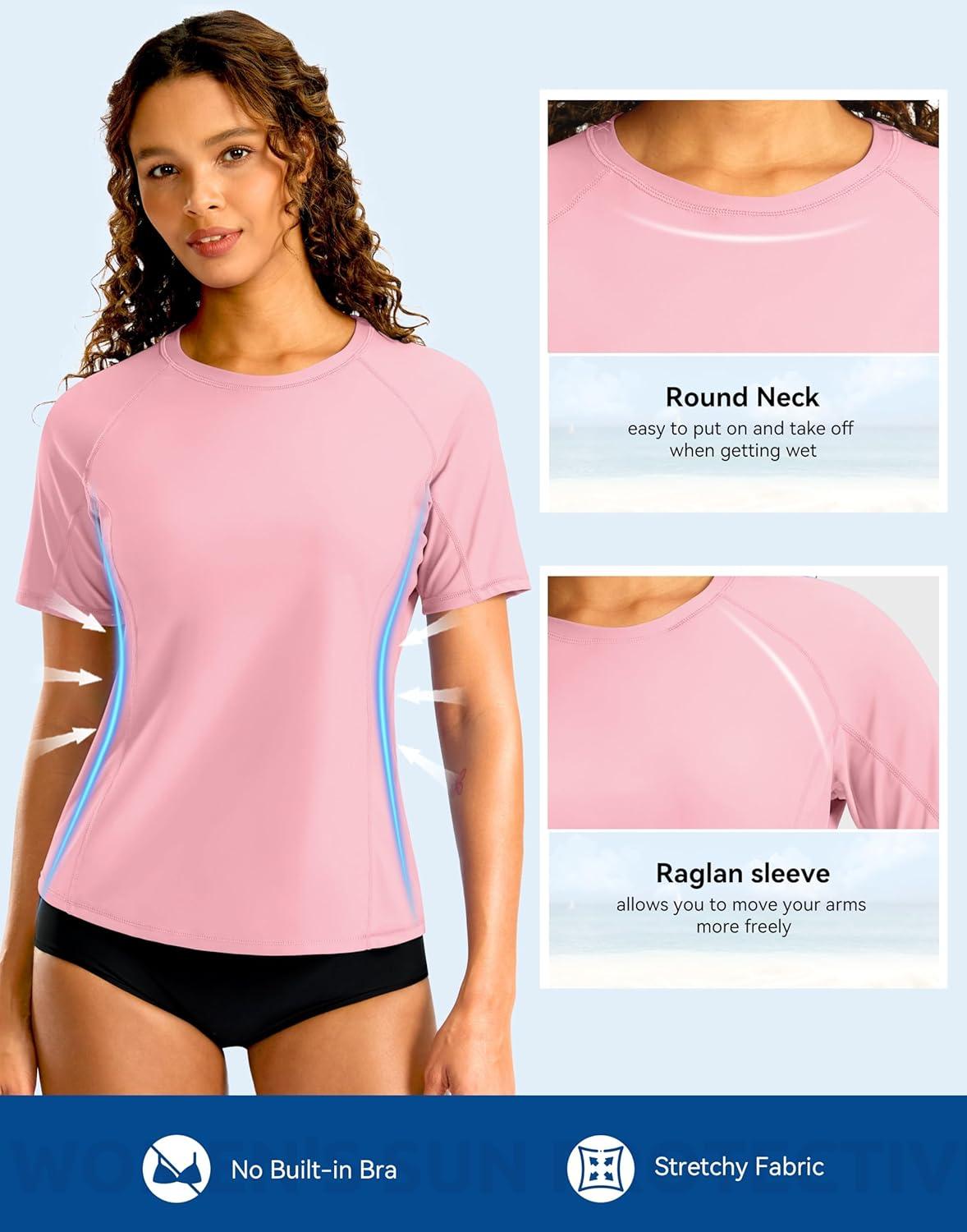 imageSANTINY Rash Guard for Women UPF 50 Bathing Suit Sun Protection Short Sleeve Swimsuit Top Quick Dry Swim Shirts for WomenPink