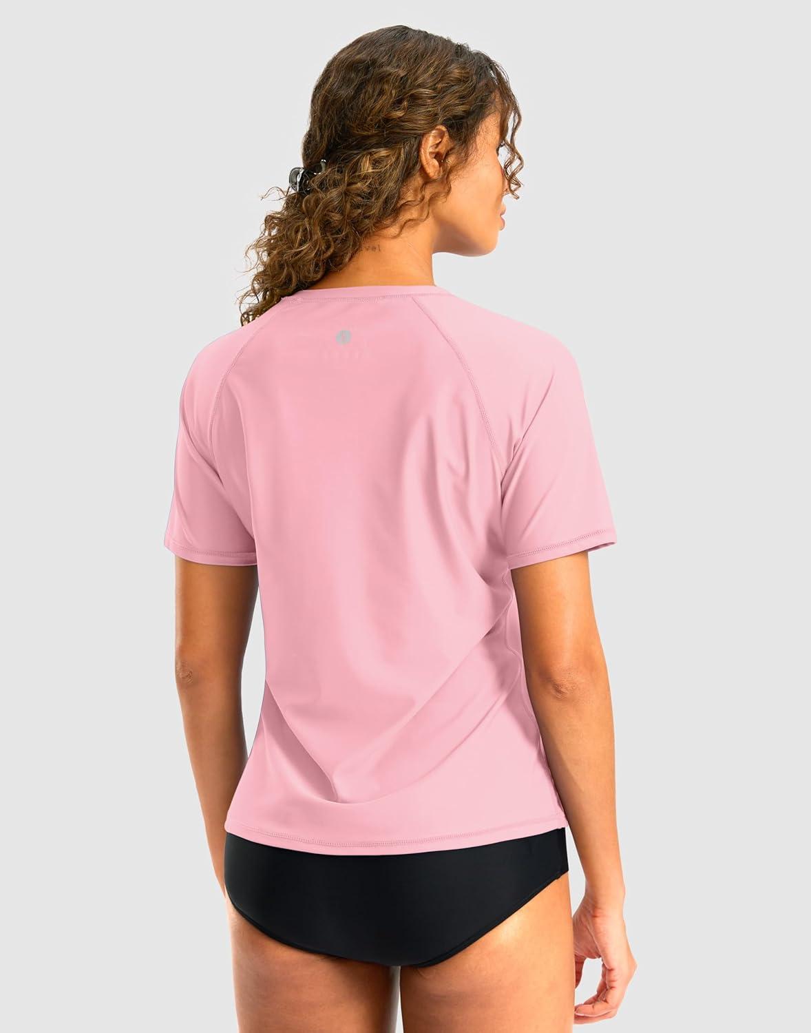 imageSANTINY Rash Guard for Women UPF 50 Bathing Suit Sun Protection Short Sleeve Swimsuit Top Quick Dry Swim Shirts for WomenPink