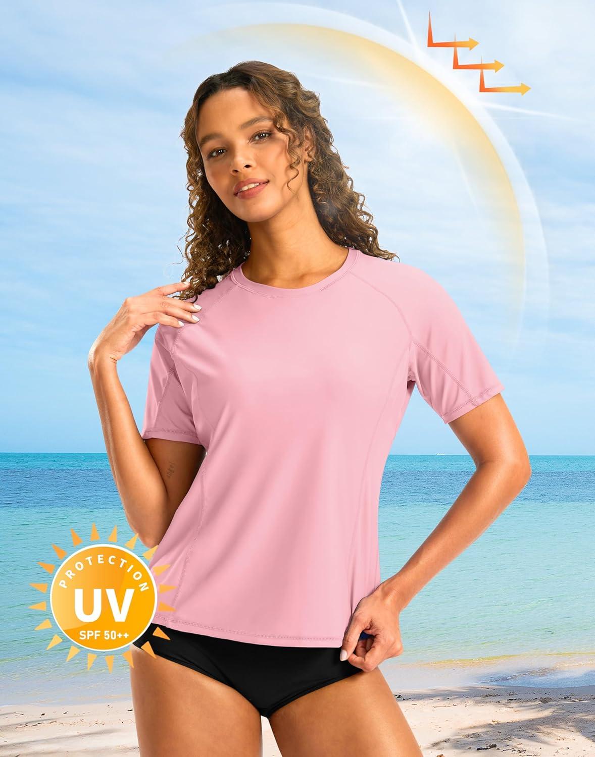 imageSANTINY Rash Guard for Women UPF 50 Bathing Suit Sun Protection Short Sleeve Swimsuit Top Quick Dry Swim Shirts for WomenPink