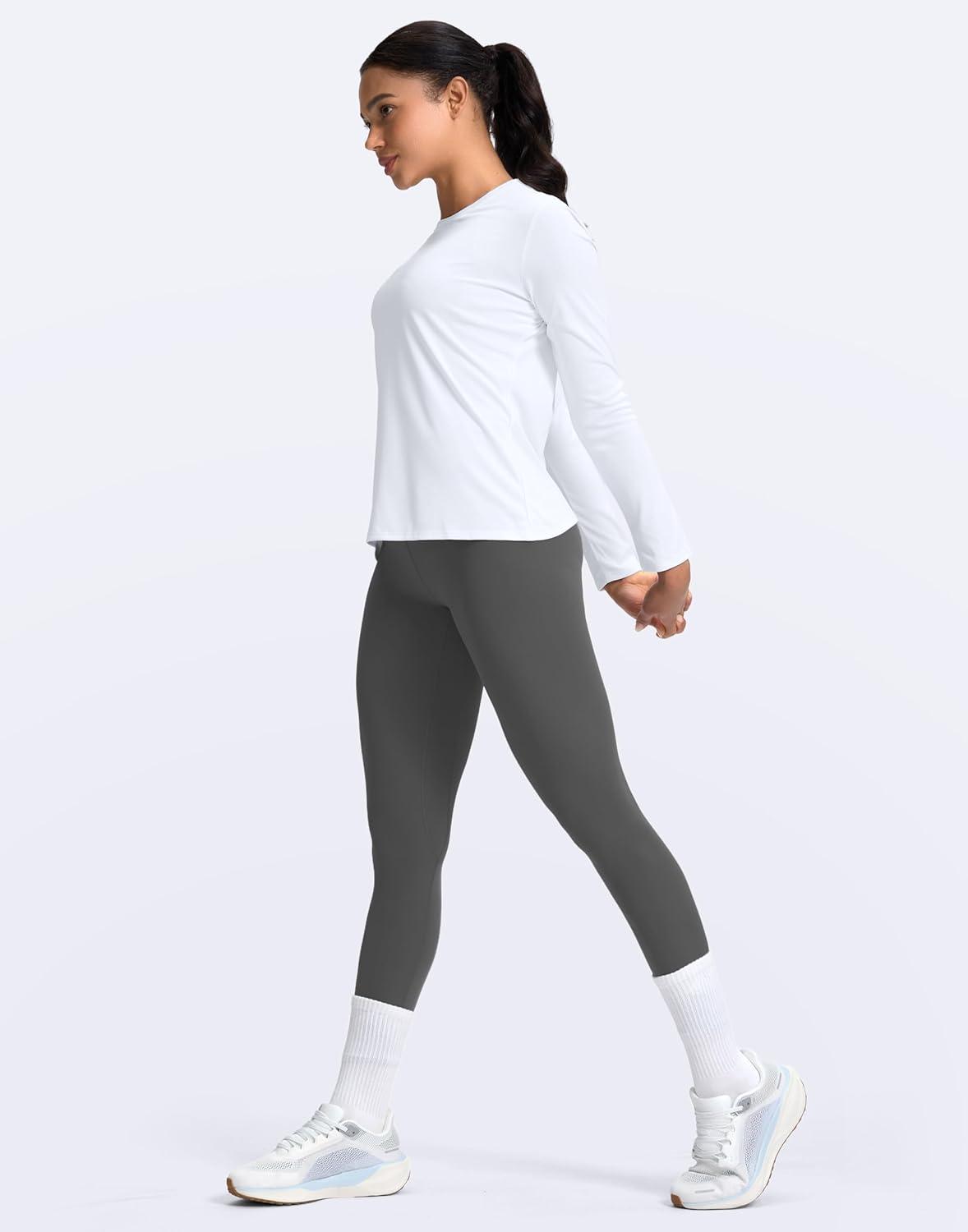 imageSANTINY Womens Lightweight Long Sleeve Workout Tops Split Back Gym Running Hiking Athletic Shirt Quick Dry UPF 50 Sun ShirtA White