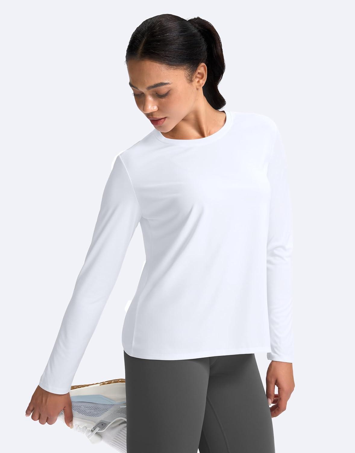 imageSANTINY Womens Lightweight Long Sleeve Workout Tops Split Back Gym Running Hiking Athletic Shirt Quick Dry UPF 50 Sun ShirtA White