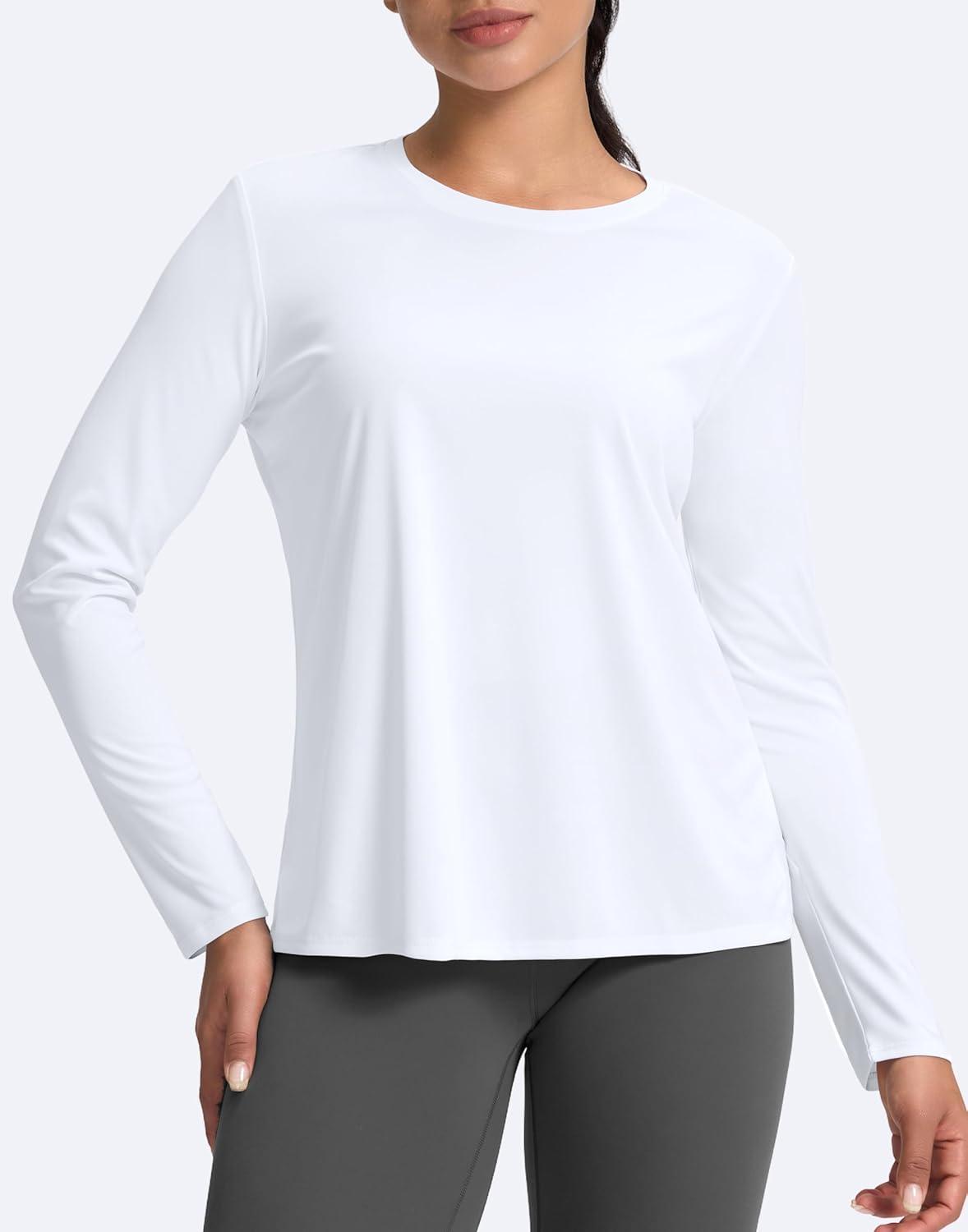 imageSANTINY Womens Lightweight Long Sleeve Workout Tops Split Back Gym Running Hiking Athletic Shirt Quick Dry UPF 50 Sun ShirtA White