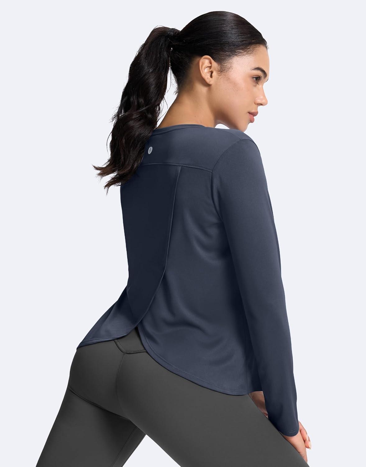 imageSANTINY Womens Lightweight Long Sleeve Workout Tops Split Back Gym Running Hiking Athletic Shirt Quick Dry UPF 50 Sun ShirtNavy