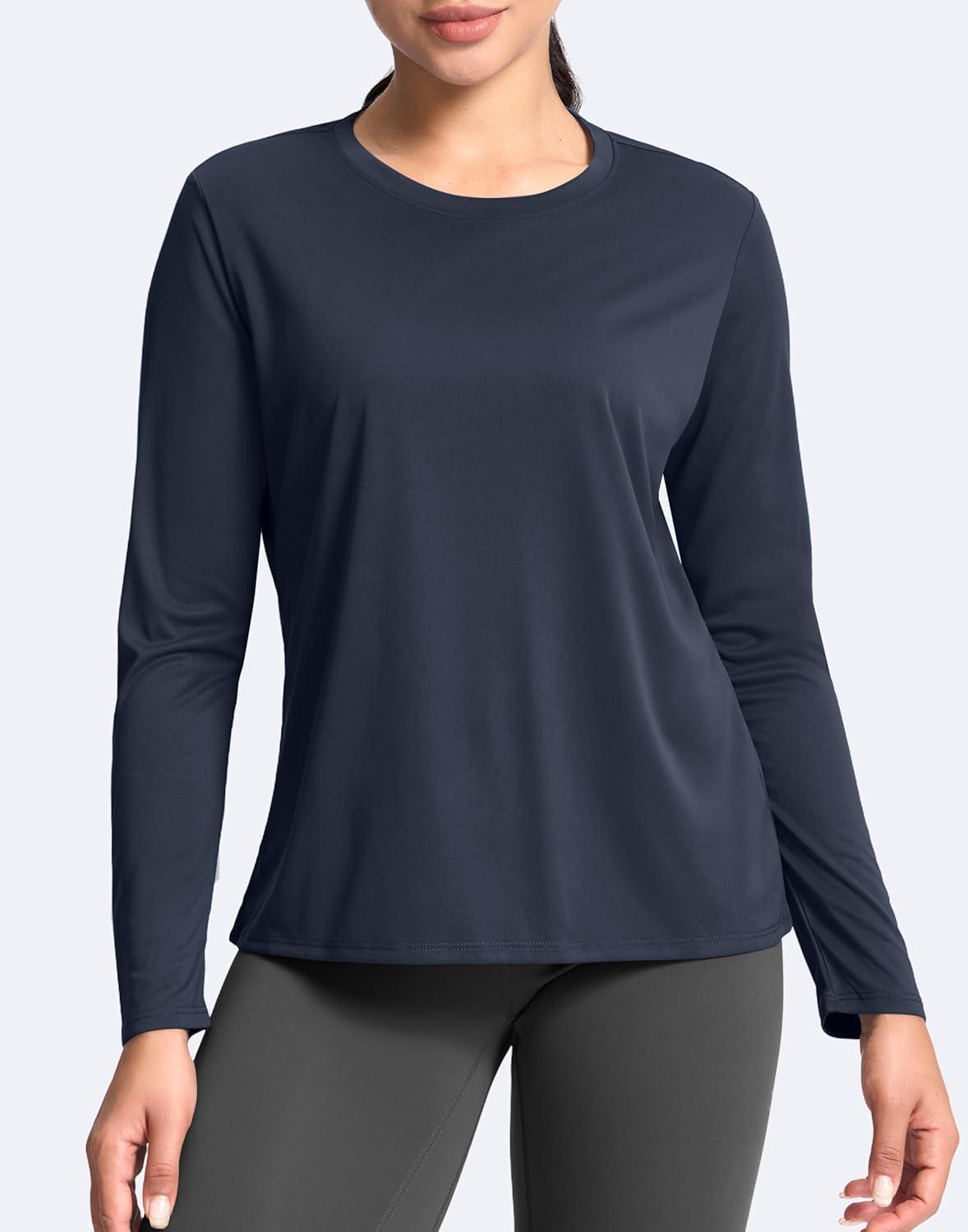 imageSANTINY Womens Lightweight Long Sleeve Workout Tops Split Back Gym Running Hiking Athletic Shirt Quick Dry UPF 50 Sun ShirtNavy