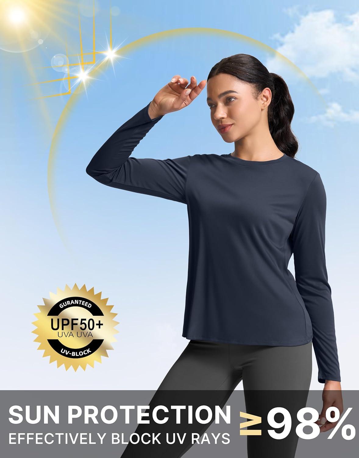 imageSANTINY Womens Lightweight Long Sleeve Workout Tops Split Back Gym Running Hiking Athletic Shirt Quick Dry UPF 50 Sun ShirtNavy