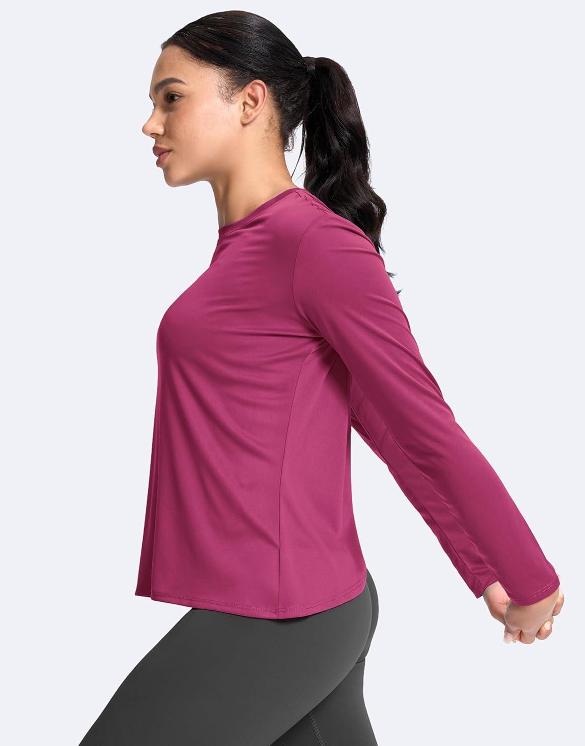 imageSANTINY Womens Lightweight Long Sleeve Workout Tops Split Back Gym Running Hiking Athletic Shirt Quick Dry UPF 50 Sun ShirtRose