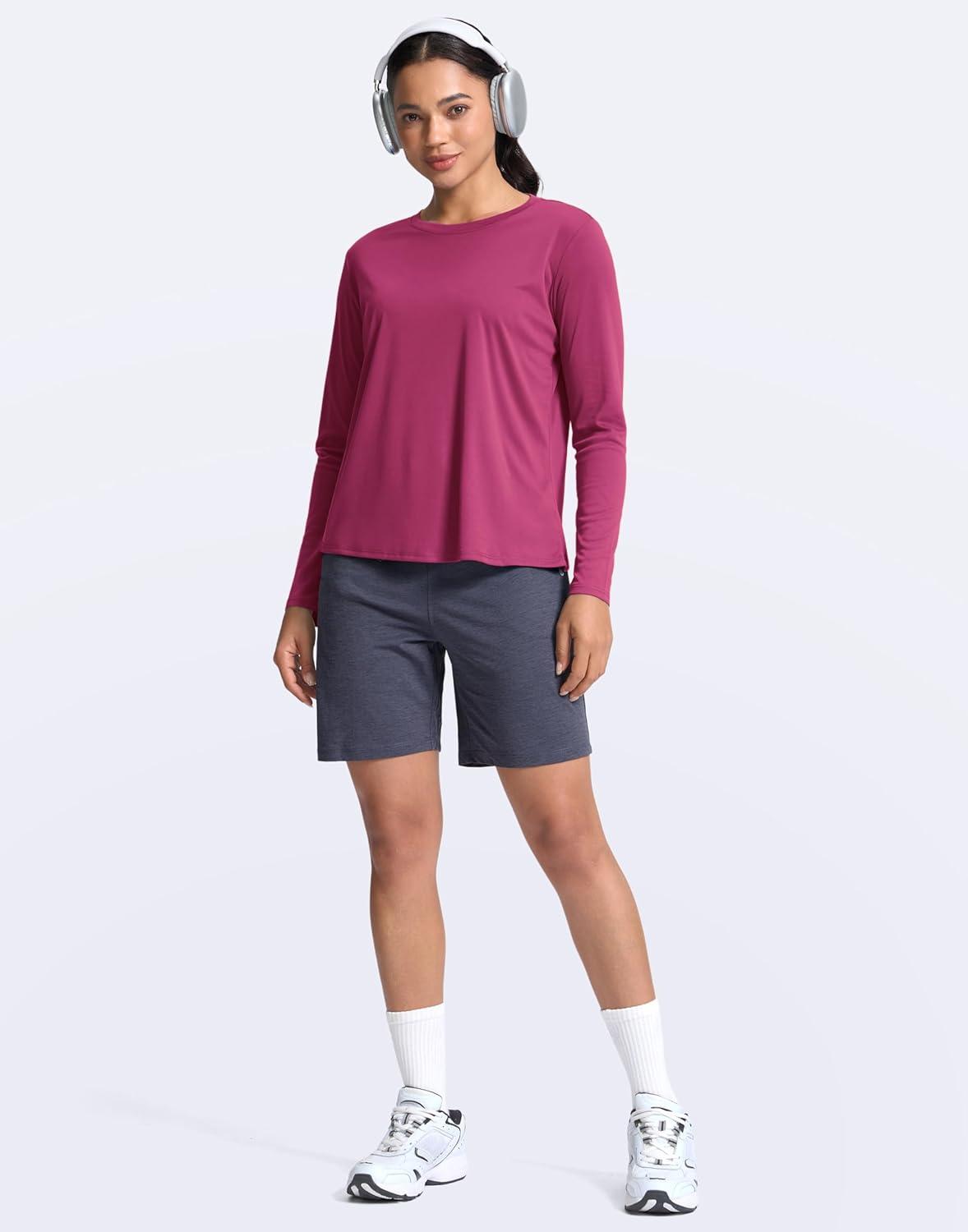 imageSANTINY Womens Lightweight Long Sleeve Workout Tops Split Back Gym Running Hiking Athletic Shirt Quick Dry UPF 50 Sun ShirtRose