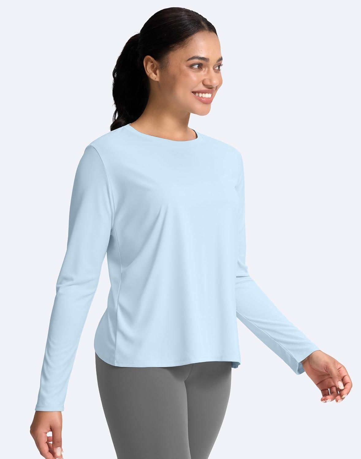 imageSANTINY Womens Lightweight Long Sleeve Workout Tops Split Back Gym Running Hiking Athletic Shirt Quick Dry UPF 50 Sun ShirtSky Blue