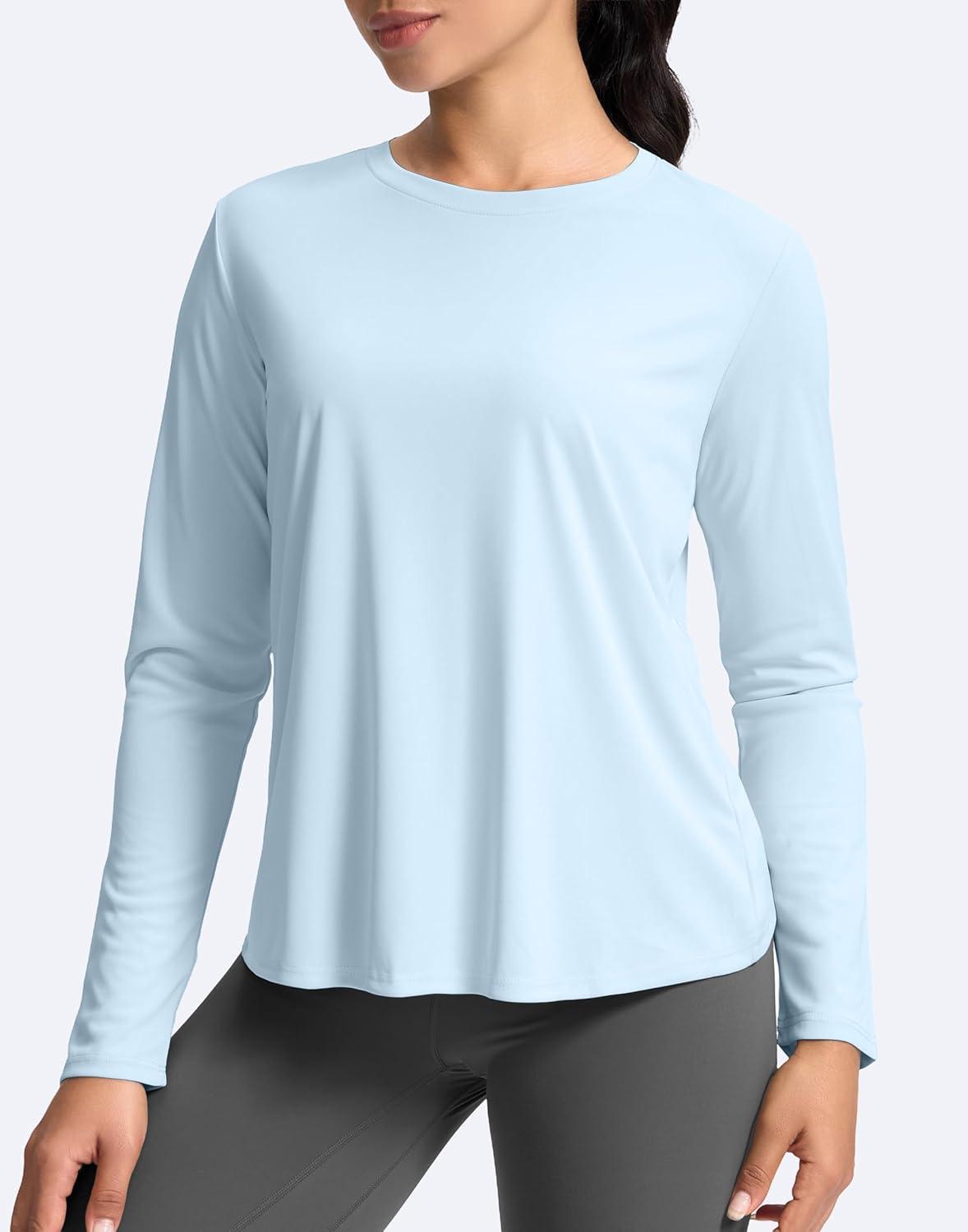 imageSANTINY Womens Lightweight Long Sleeve Workout Tops Split Back Gym Running Hiking Athletic Shirt Quick Dry UPF 50 Sun ShirtSky Blue