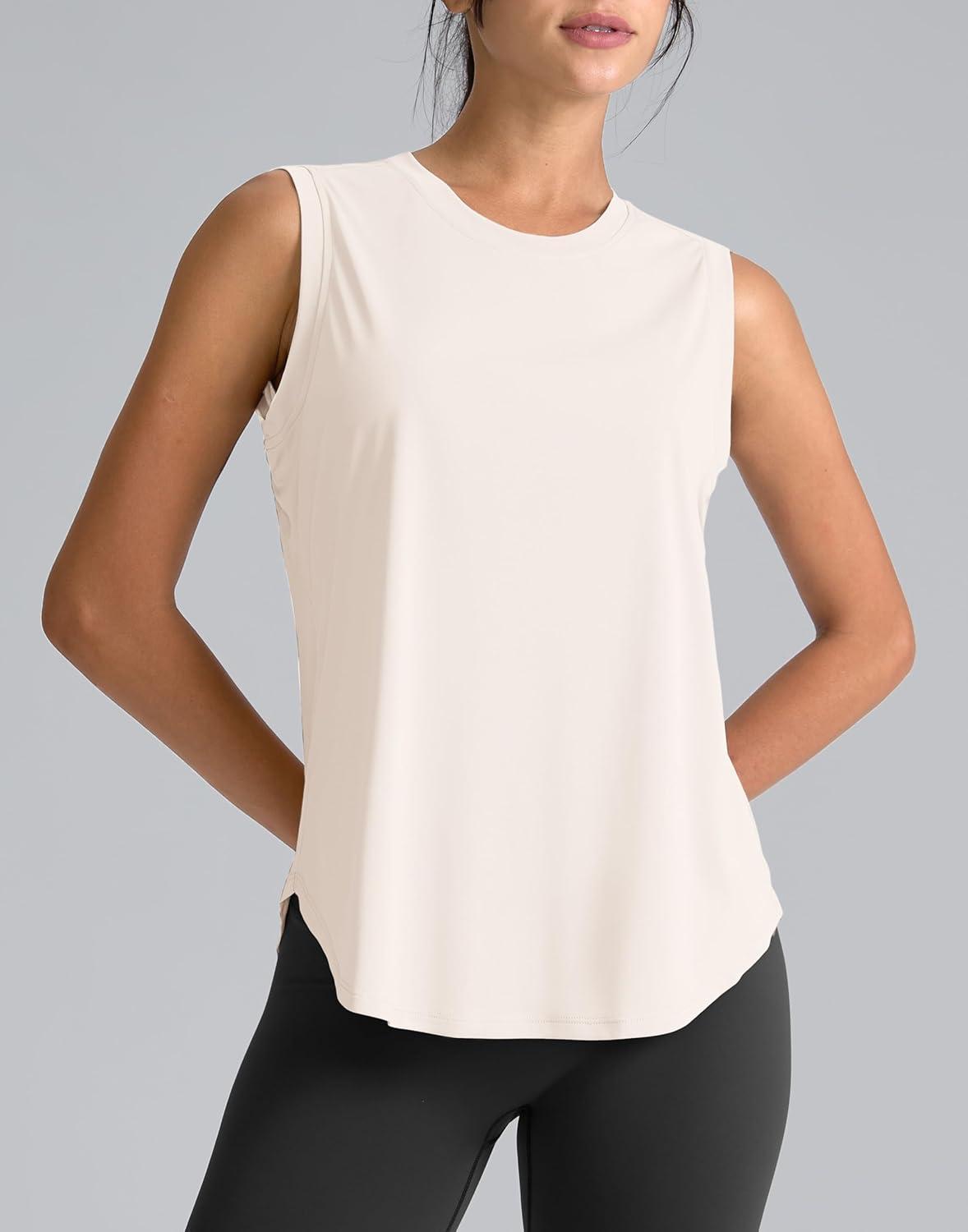 imageSANTINY Womens Sleeveless Workout Tops Breathable Lightweight Active Tennis Yoga Shirts Athletic Running Tank Tops for WomenCream