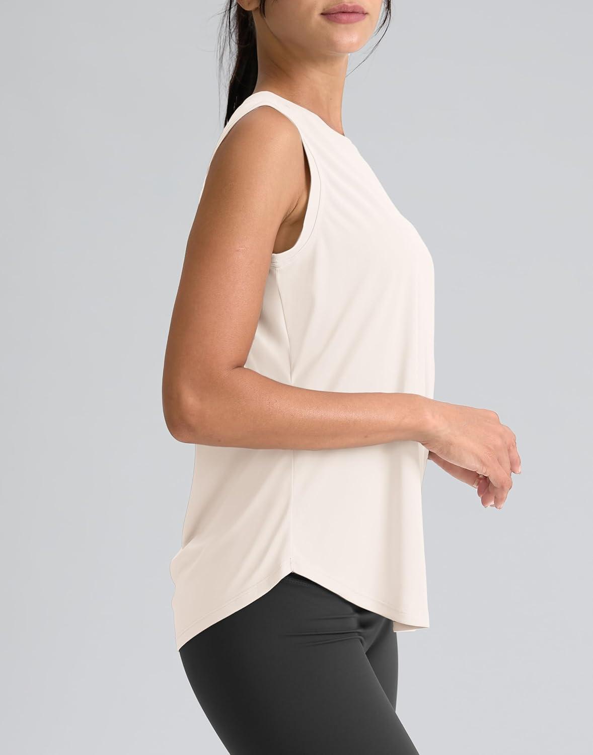 imageSANTINY Womens Sleeveless Workout Tops Breathable Lightweight Active Tennis Yoga Shirts Athletic Running Tank Tops for WomenCream