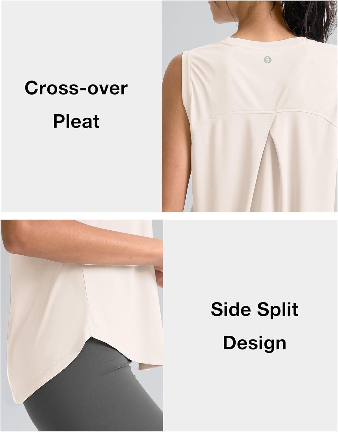 imageSANTINY Womens Sleeveless Workout Tops Breathable Lightweight Active Tennis Yoga Shirts Athletic Running Tank Tops for WomenCream