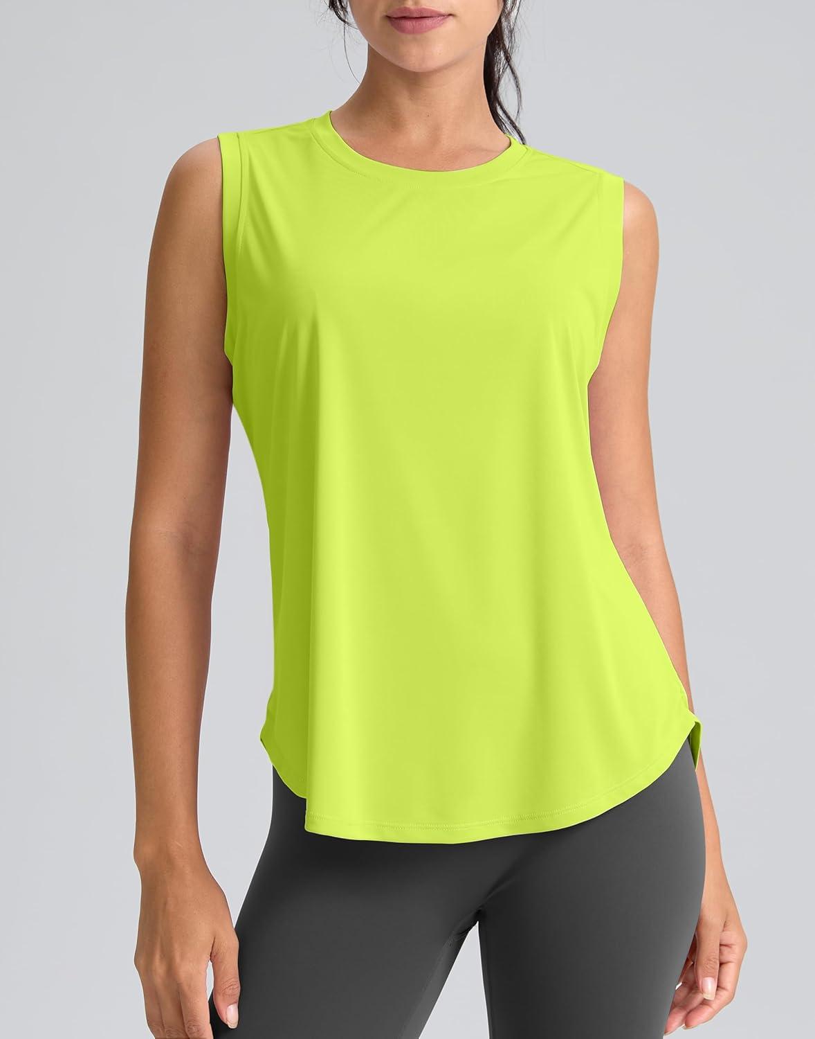 imageSANTINY Womens Sleeveless Workout Tops Breathable Lightweight Active Tennis Yoga Shirts Athletic Running Tank Tops for WomenNeon Green