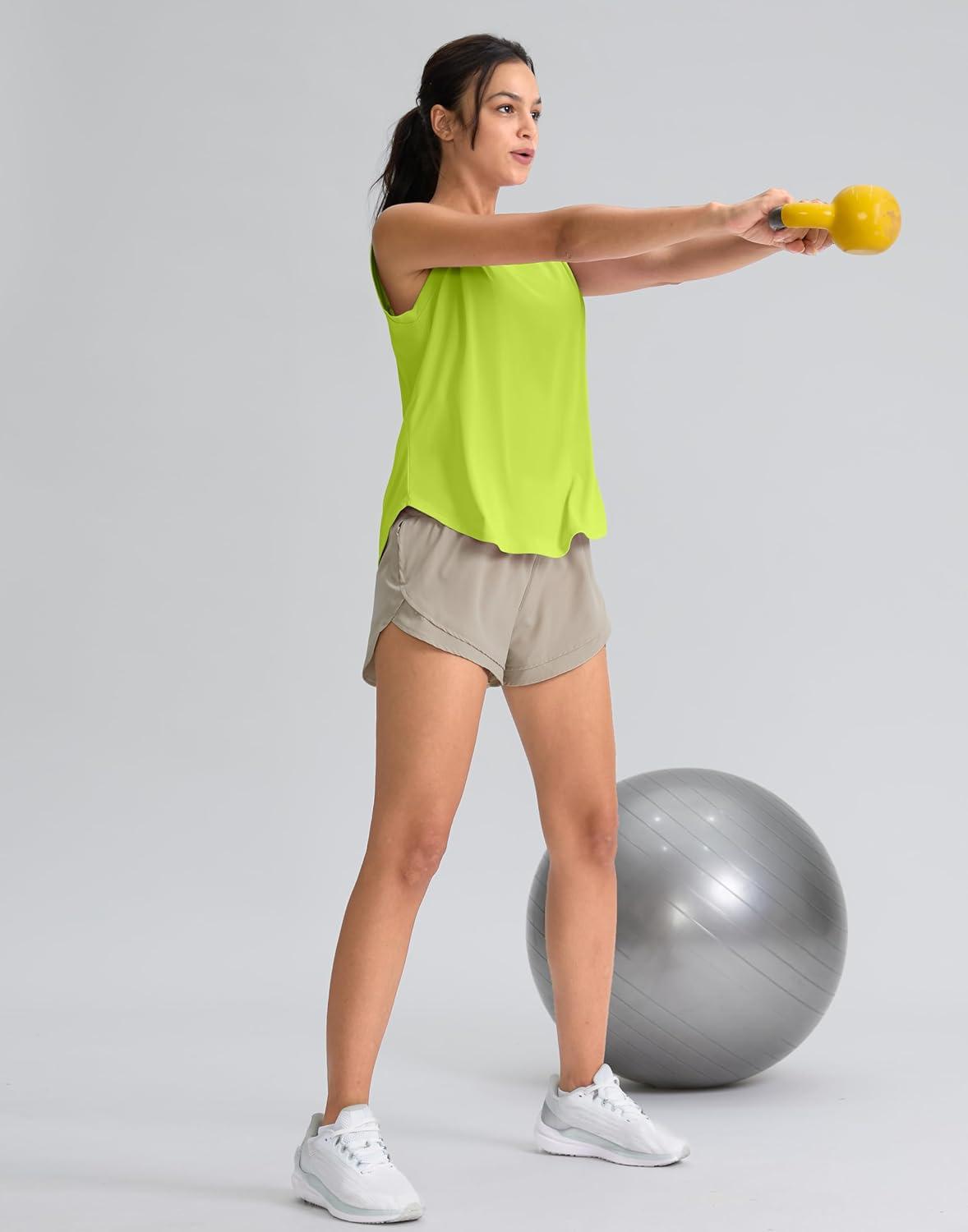 imageSANTINY Womens Sleeveless Workout Tops Breathable Lightweight Active Tennis Yoga Shirts Athletic Running Tank Tops for WomenNeon Green