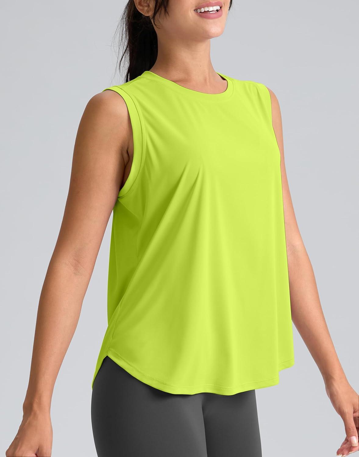 imageSANTINY Womens Sleeveless Workout Tops Breathable Lightweight Active Tennis Yoga Shirts Athletic Running Tank Tops for WomenNeon Green