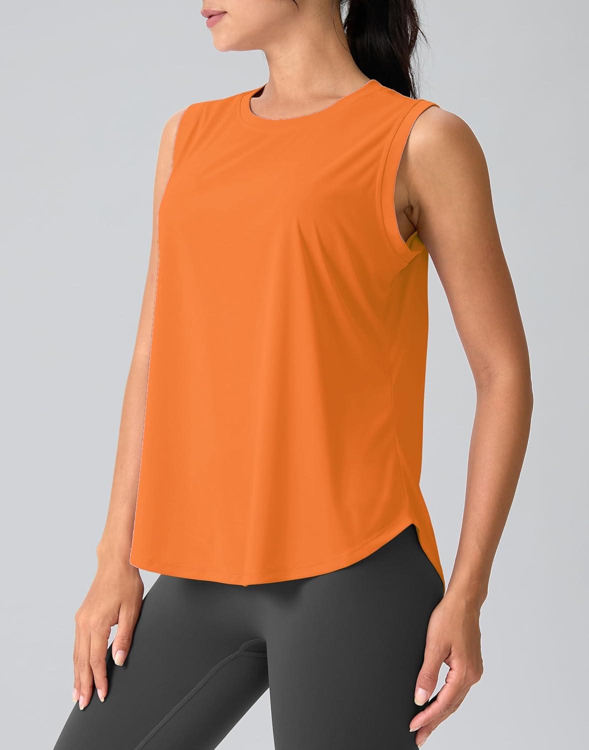 imageSANTINY Womens Sleeveless Workout Tops Breathable Lightweight Active Tennis Yoga Shirts Athletic Running Tank Tops for WomenNeon Orange