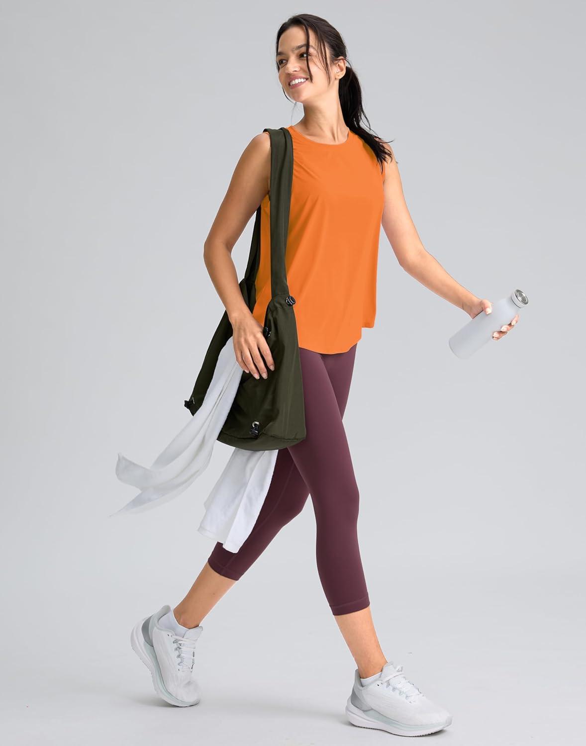 imageSANTINY Womens Sleeveless Workout Tops Breathable Lightweight Active Tennis Yoga Shirts Athletic Running Tank Tops for WomenNeon Orange