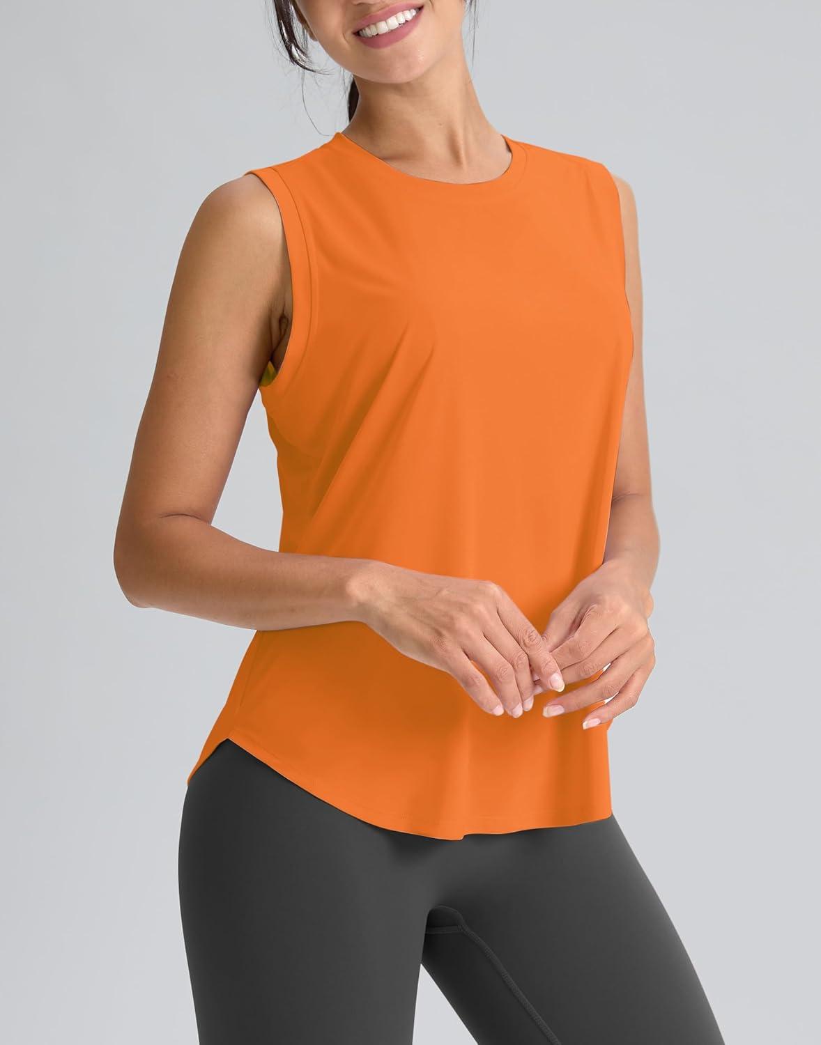 imageSANTINY Womens Sleeveless Workout Tops Breathable Lightweight Active Tennis Yoga Shirts Athletic Running Tank Tops for WomenNeon Orange