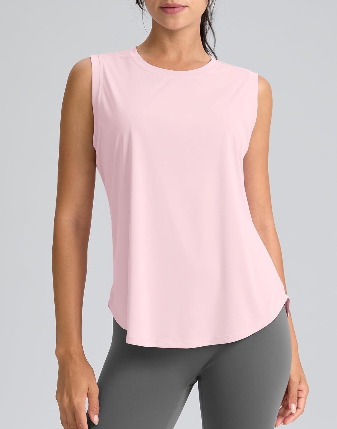 imageSANTINY Womens Sleeveless Workout Tops Breathable Lightweight Active Tennis Yoga Shirts Athletic Running Tank Tops for WomenPink