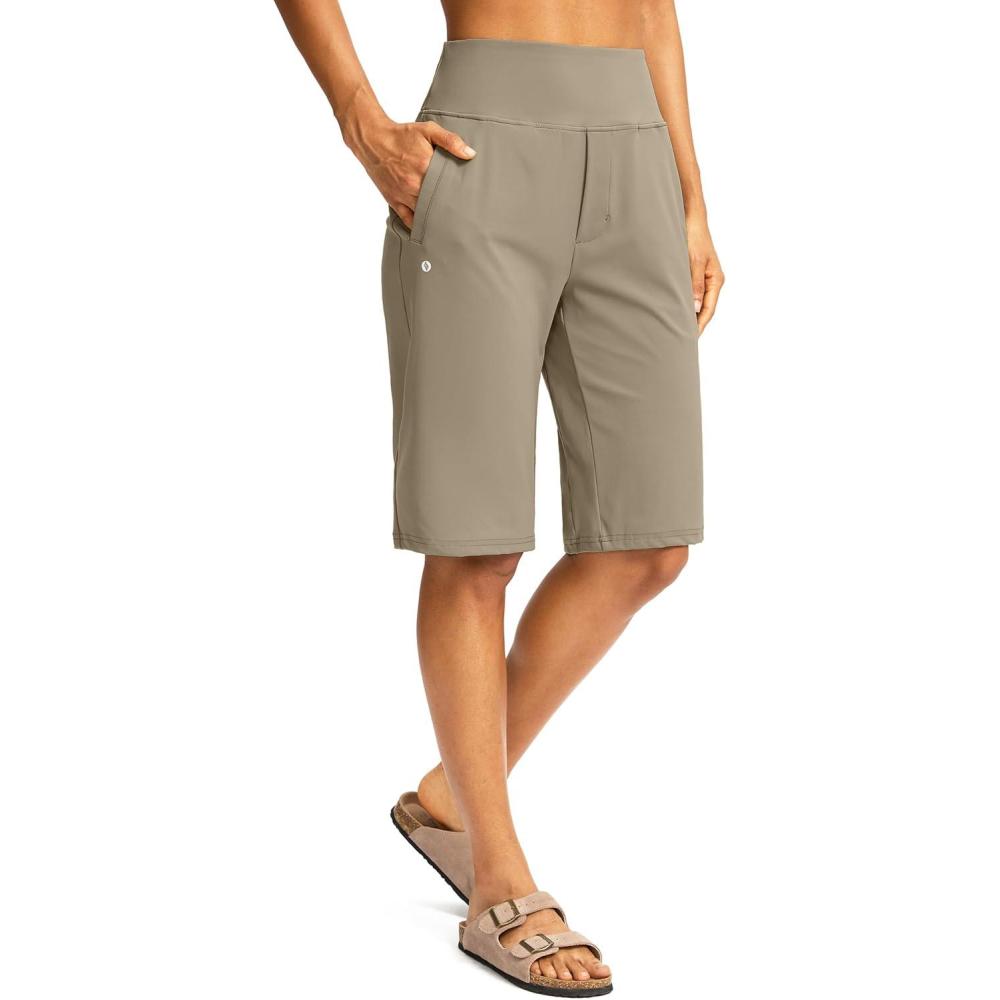 imageSANTINY 12quot Long Bermuda Shorts for Women Knee Length with Pockets High Waisted Stretch Shorts for Summer WalkingDark Khaki