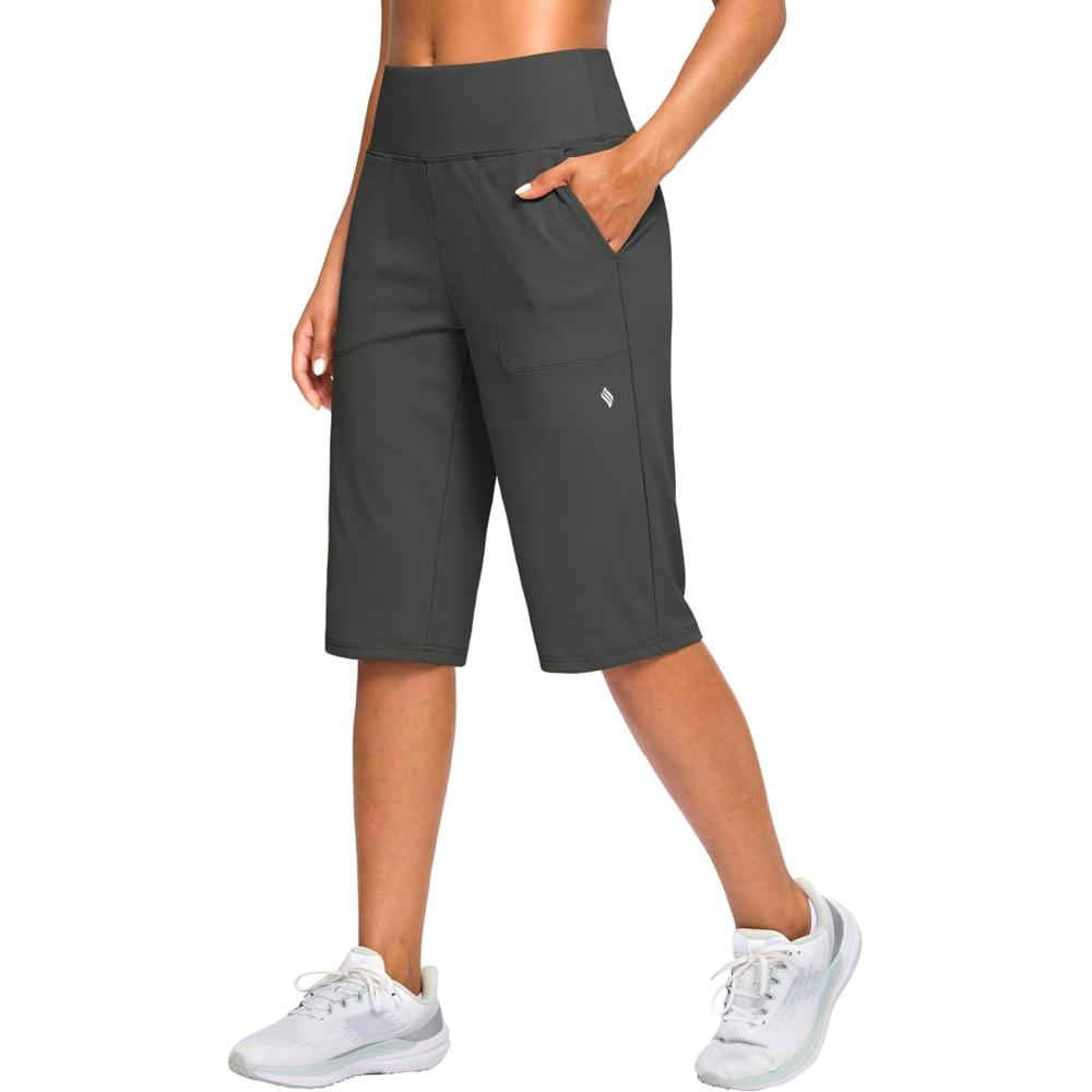 imageSANTINY 14quot Shorts for Women Knee Length with Pockets High Waisted Stretch Long Bermuda Shorts for Summer Dressy CasualDark Grey