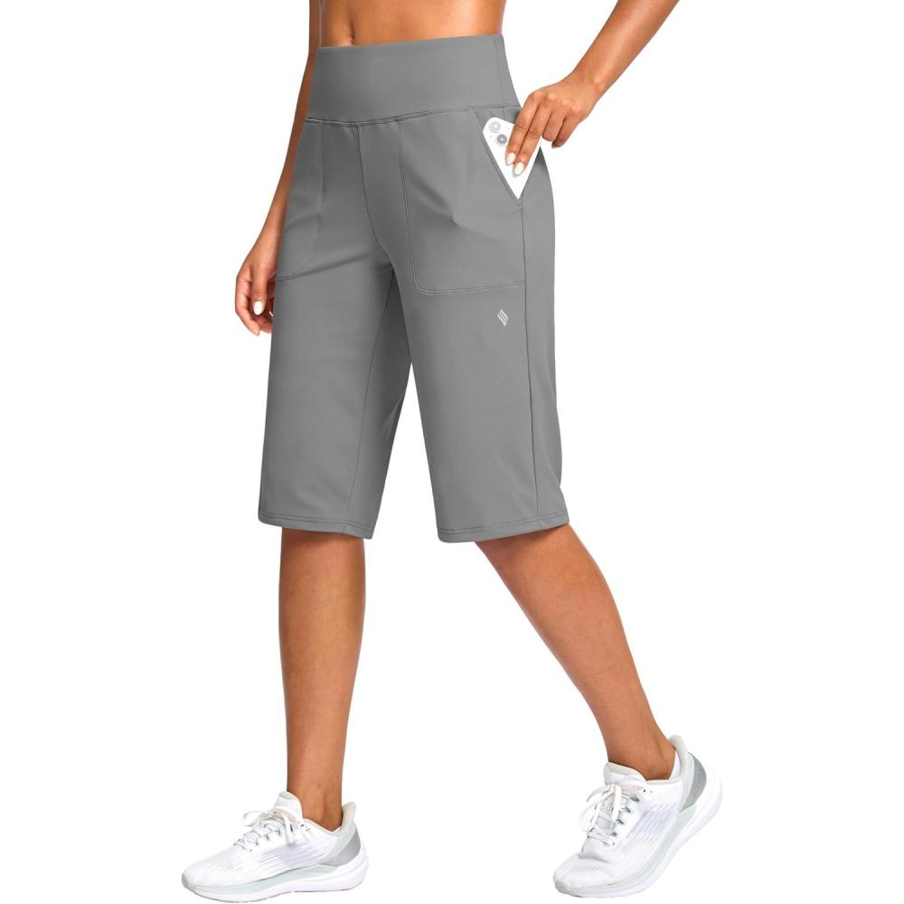 imageSANTINY 14quot Shorts for Women Knee Length with Pockets High Waisted Stretch Long Bermuda Shorts for Summer Dressy CasualLight Grey