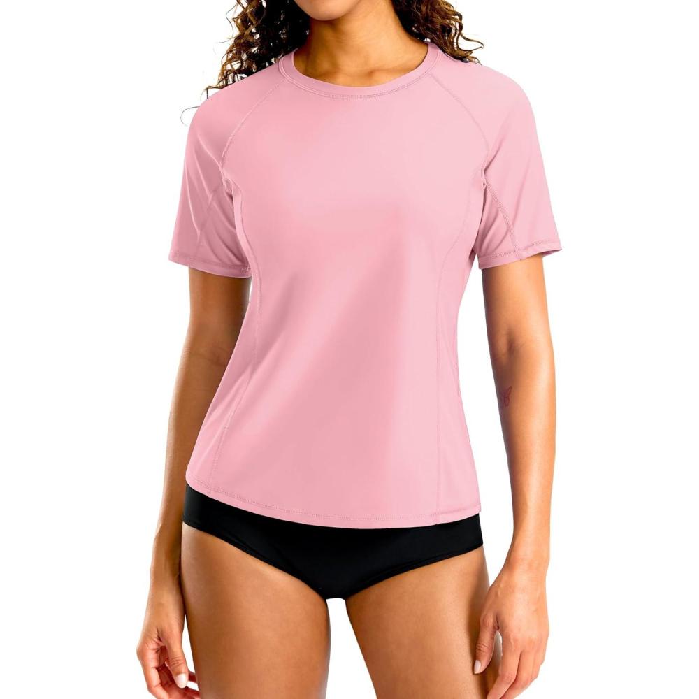imageSANTINY Rash Guard for Women UPF 50 Bathing Suit Sun Protection Short Sleeve Swimsuit Top Quick Dry Swim Shirts for WomenPink