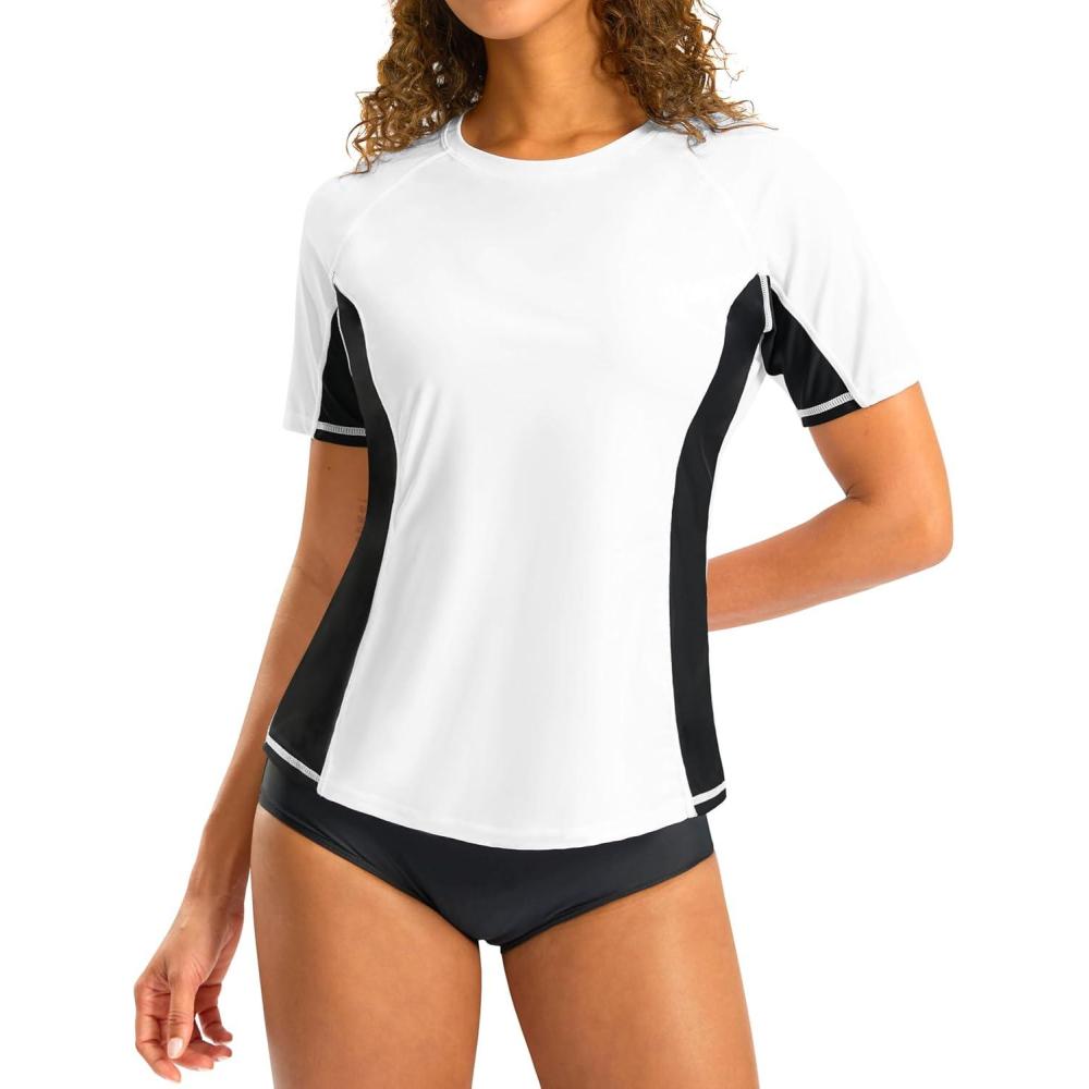 imageSANTINY Rash Guard for Women UPF 50 Bathing Suit Sun Protection Short Sleeve Swimsuit Top Quick Dry Swim Shirts for WomenWhite