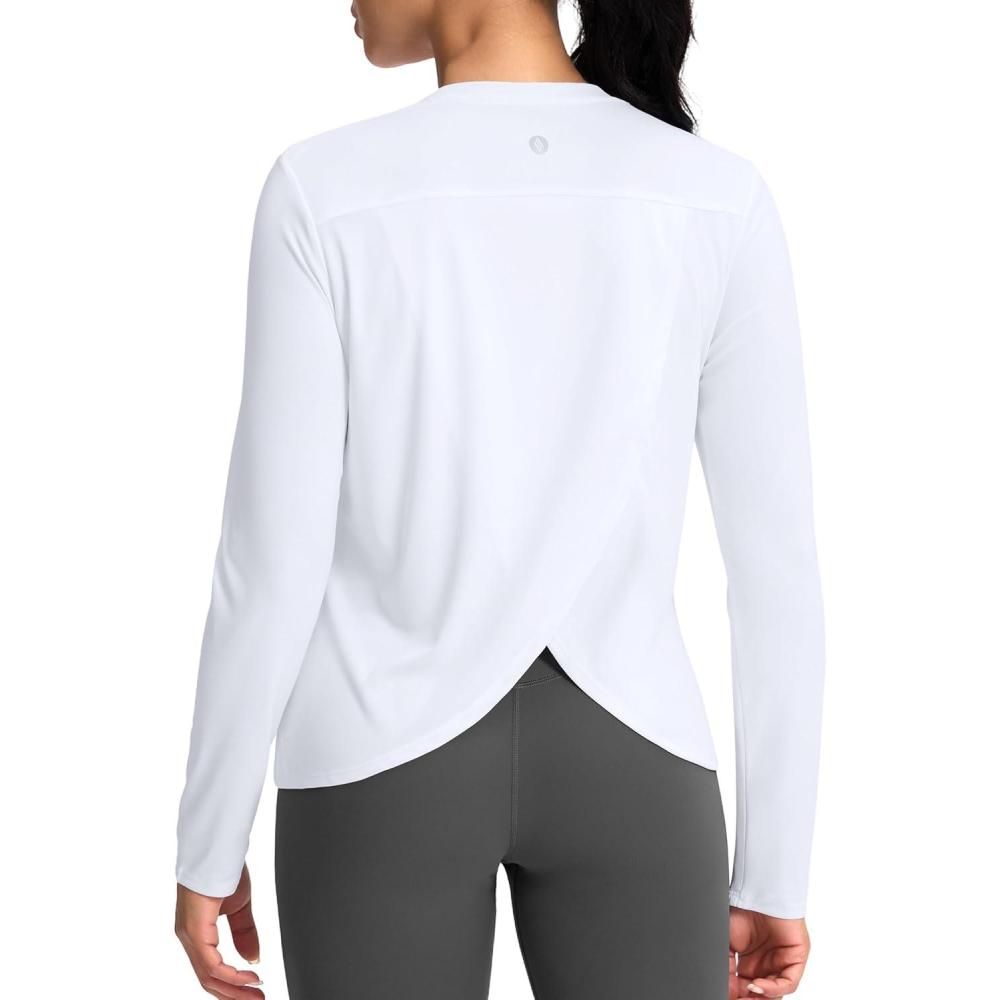 imageSANTINY Womens Lightweight Long Sleeve Workout Tops Split Back Gym Running Hiking Athletic Shirt Quick Dry UPF 50 Sun ShirtA White