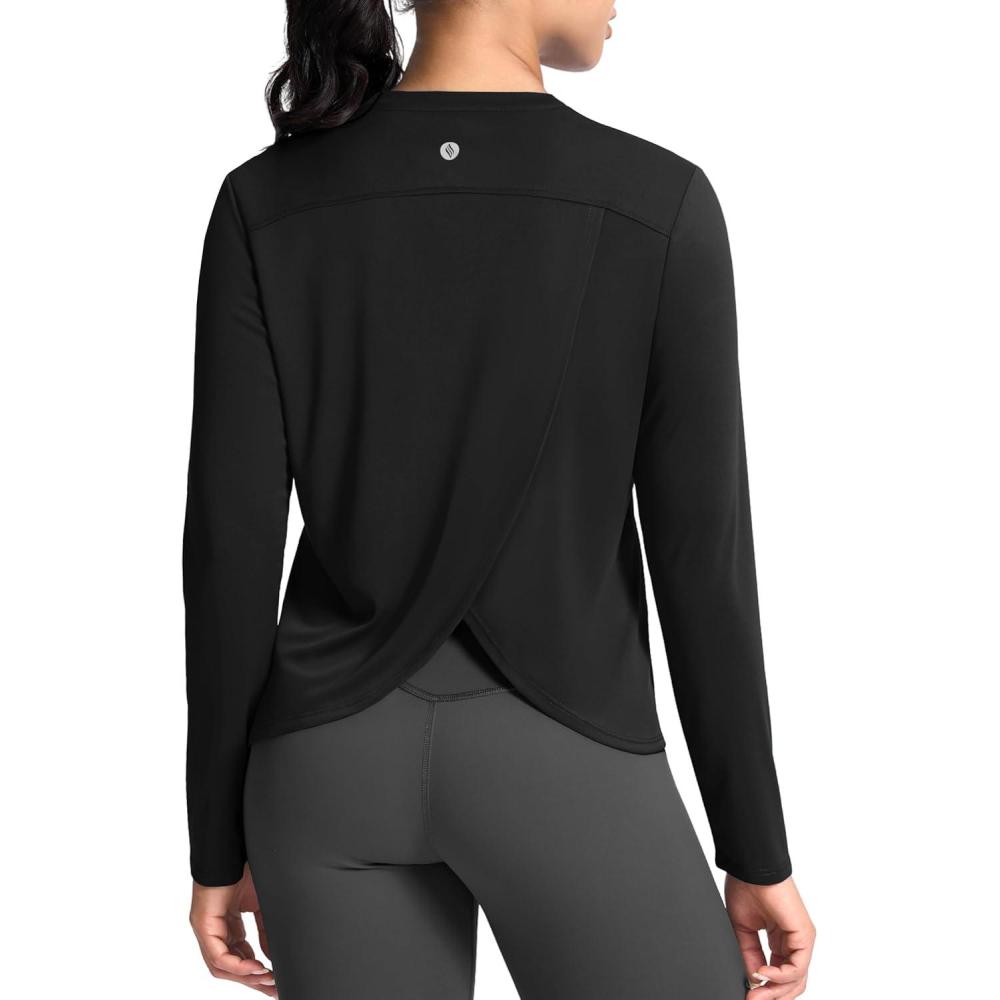 imageSANTINY Womens Lightweight Long Sleeve Workout Tops Split Back Gym Running Hiking Athletic Shirt Quick Dry UPF 50 Sun ShirtBlack