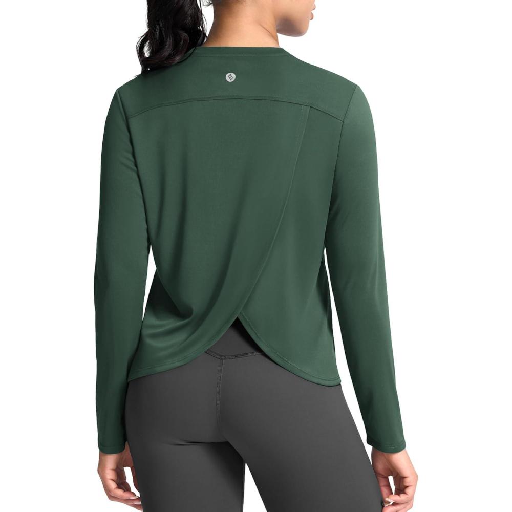 imageSANTINY Womens Lightweight Long Sleeve Workout Tops Split Back Gym Running Hiking Athletic Shirt Quick Dry UPF 50 Sun ShirtGreen