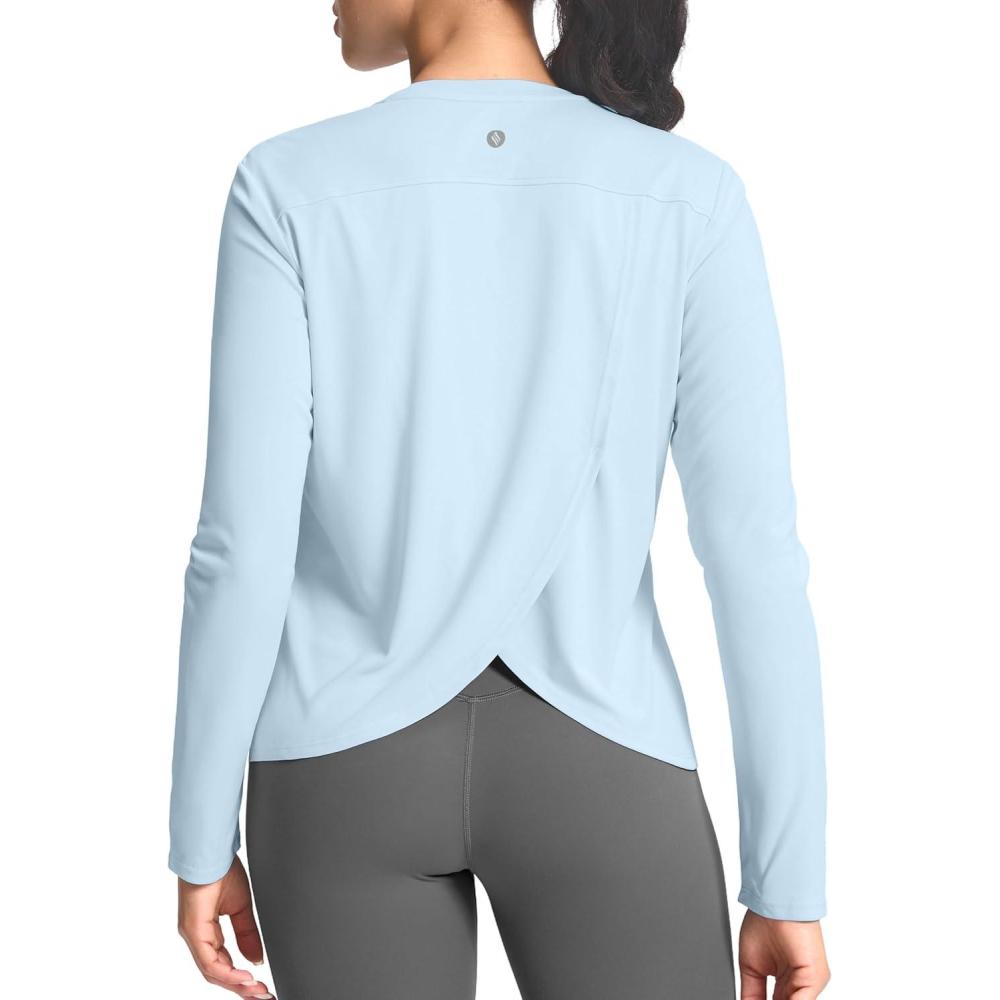 imageSANTINY Womens Lightweight Long Sleeve Workout Tops Split Back Gym Running Hiking Athletic Shirt Quick Dry UPF 50 Sun ShirtSky Blue